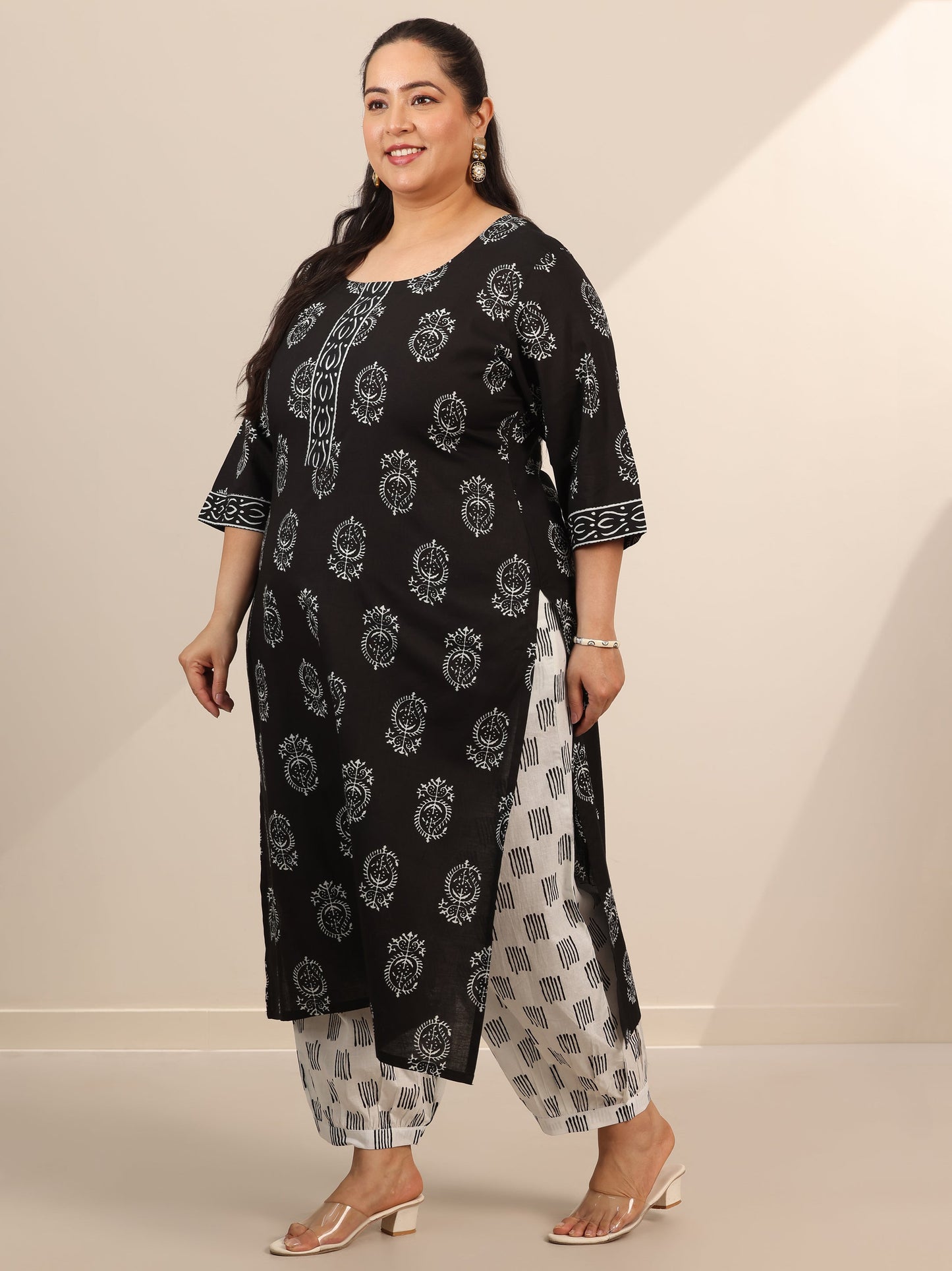 Plus Size Black Printed Cotton Straight Suit Set With Dupatta