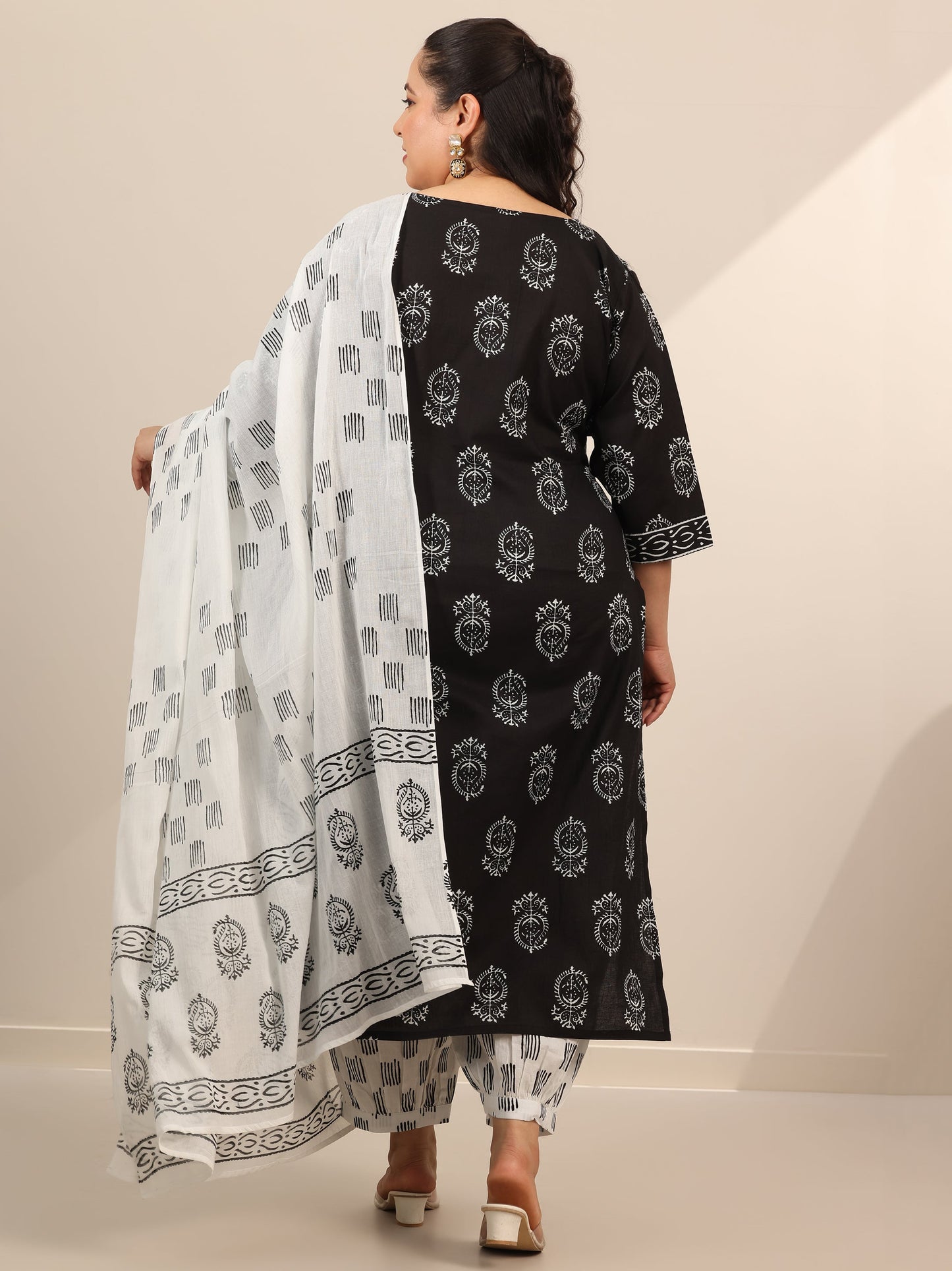 Plus Size Black Printed Cotton Straight Suit Set With Dupatta
