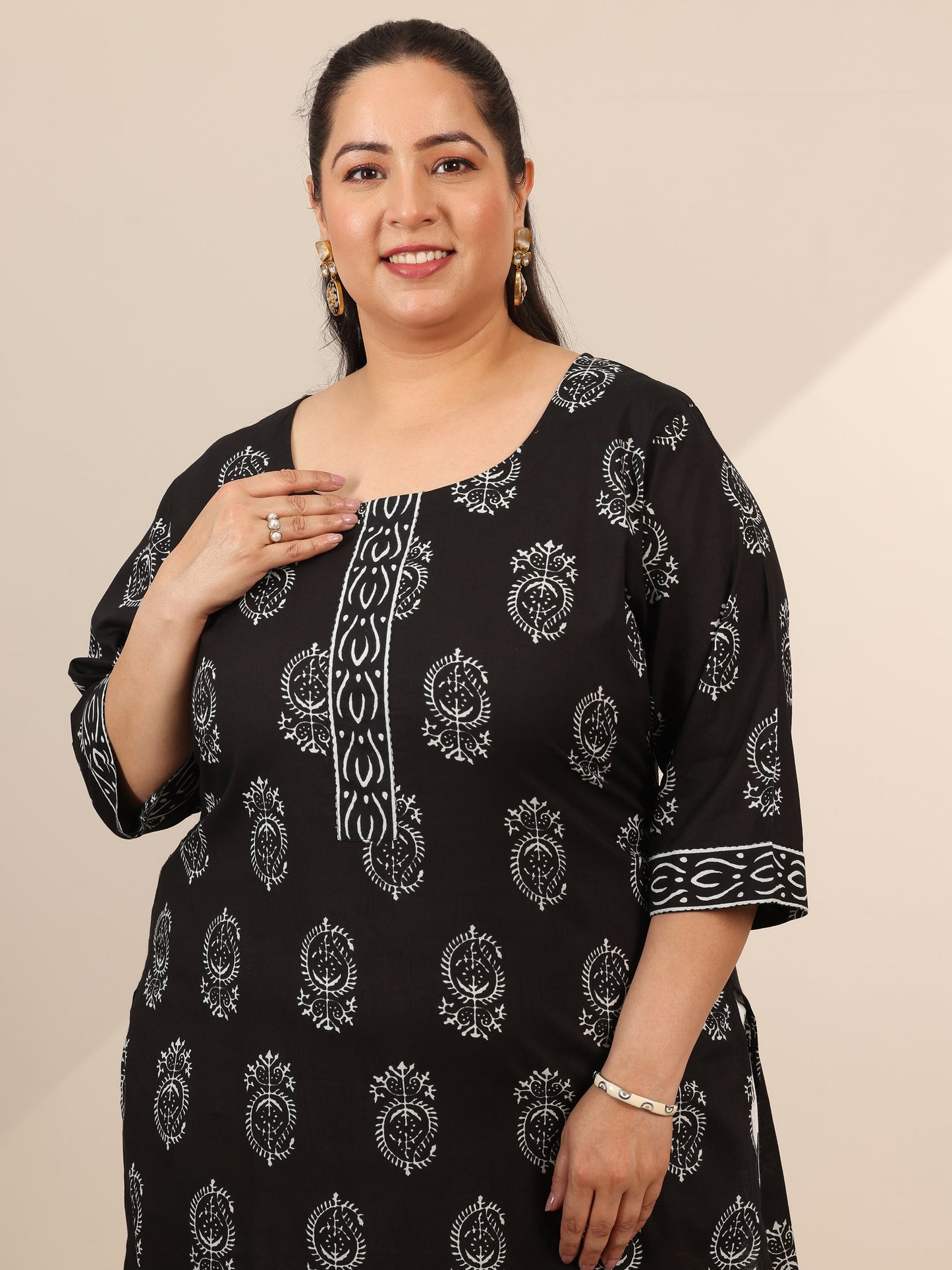 Plus Size Black Printed Cotton Straight Suit Set With Dupatta