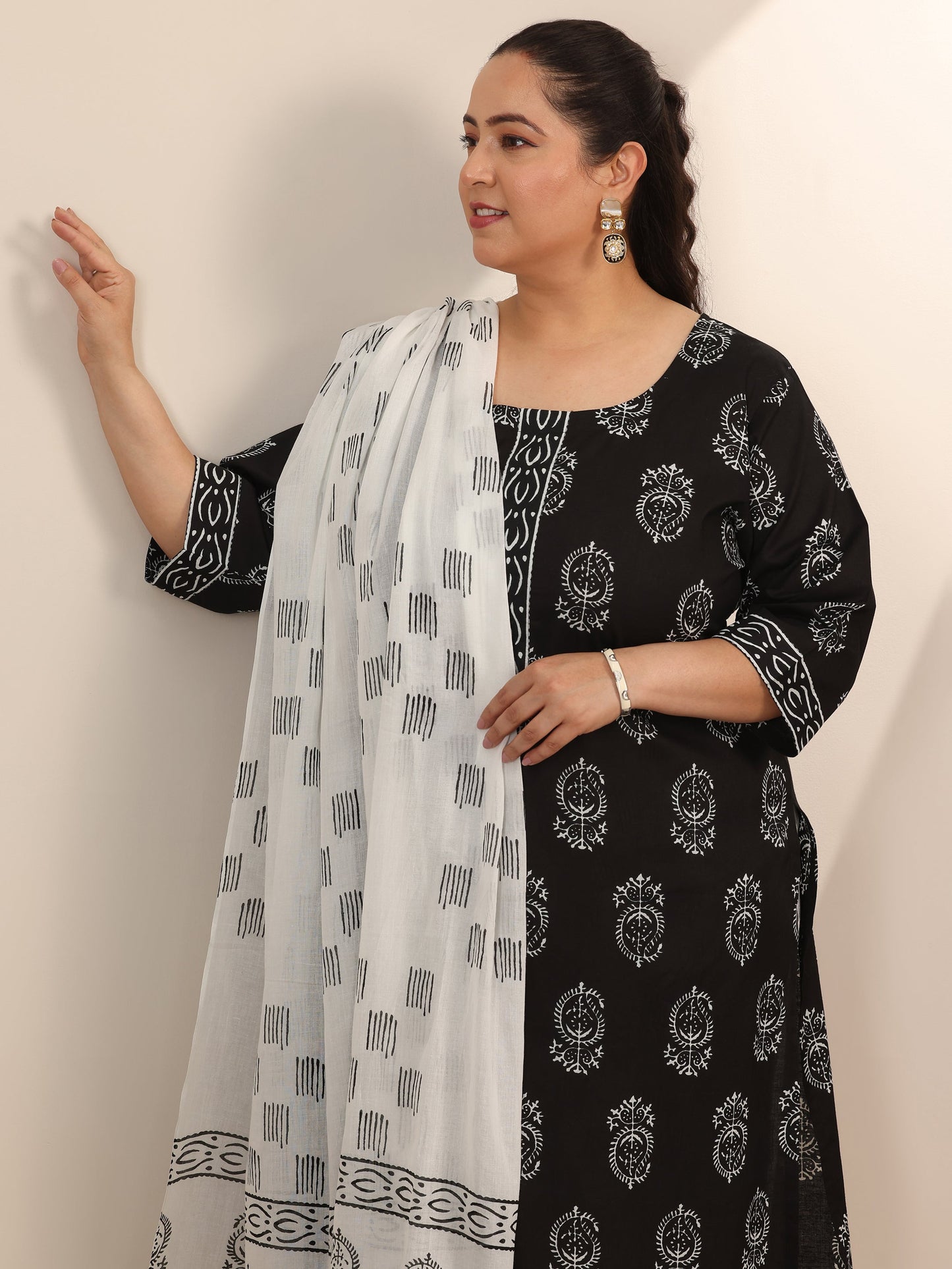 Plus Size Black Printed Cotton Straight Suit Set With Dupatta