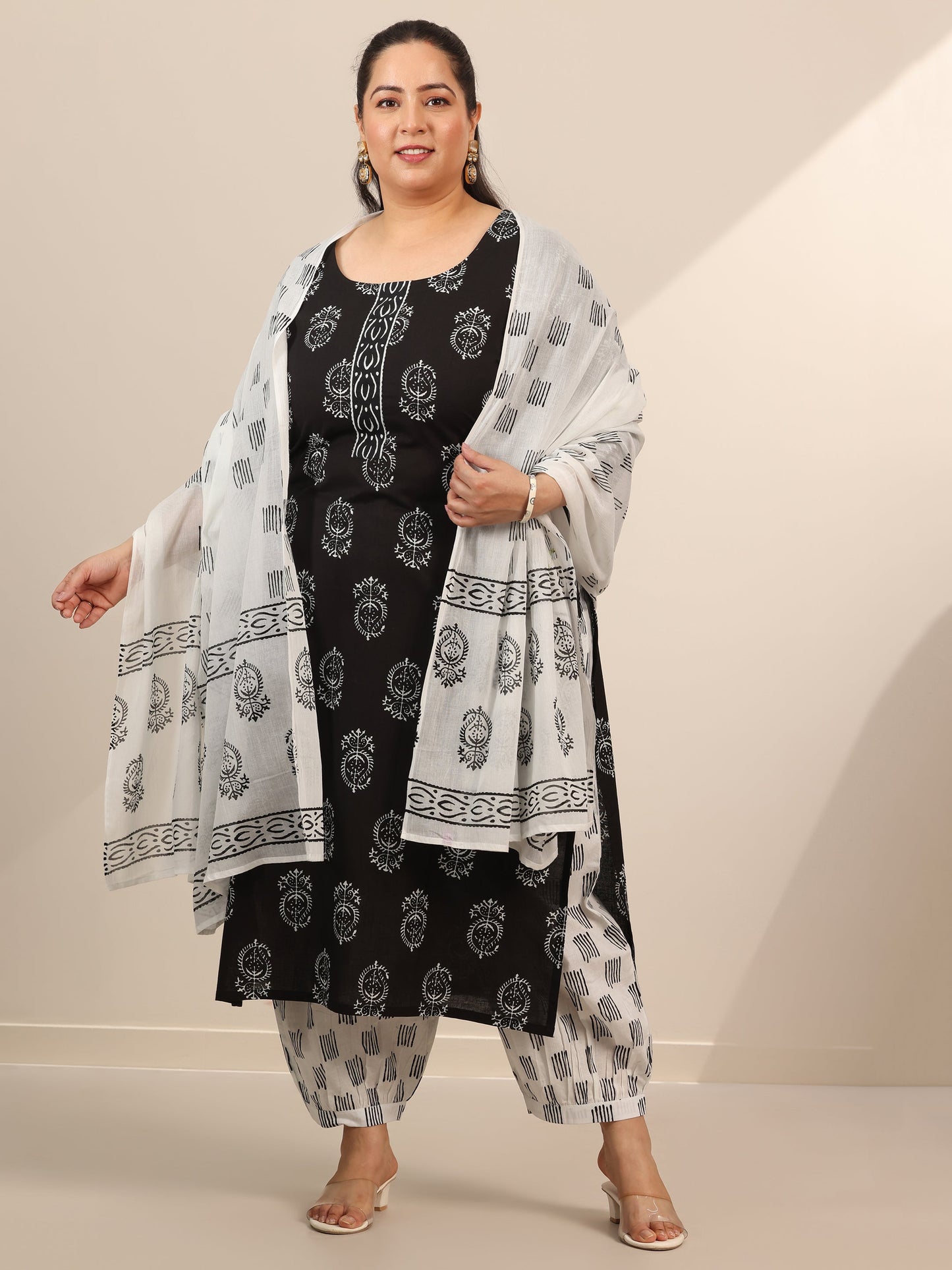 Plus Size Black Printed Cotton Straight Suit Set With Dupatta