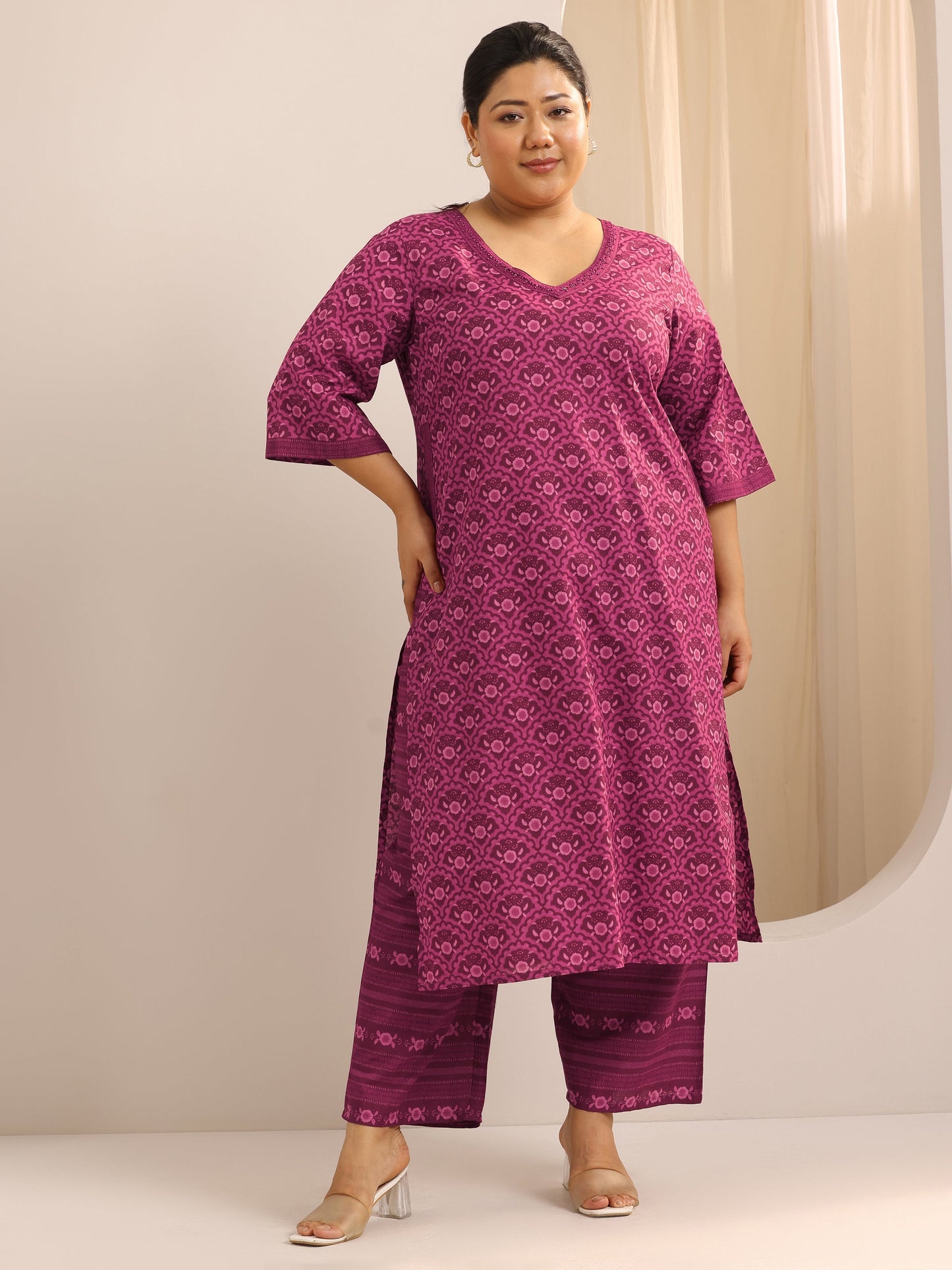 Plus Size Burgundy Printed Cotton Straight Kurta Set