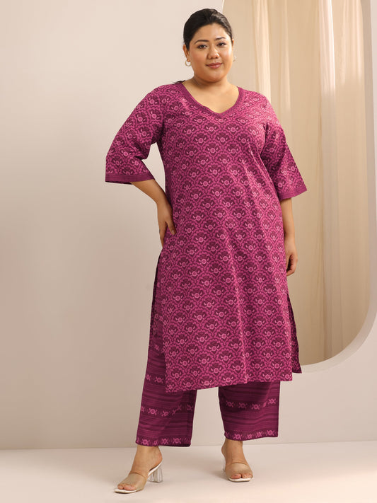 Plus Size Burgundy Printed Cotton Straight Kurta Set