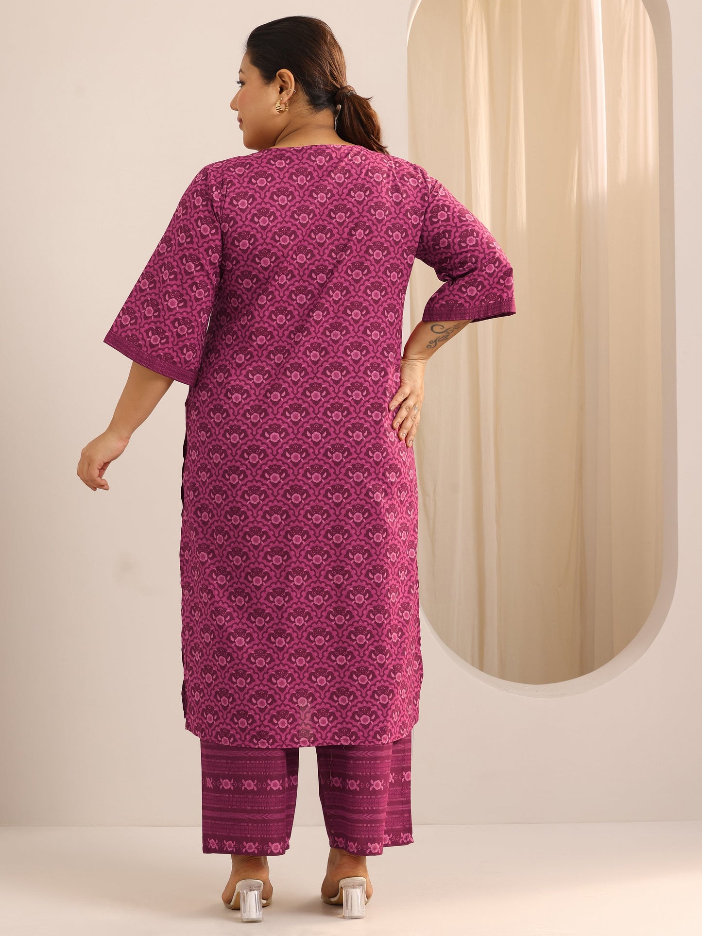 Plus Size Burgundy Printed Cotton Straight Kurta Set