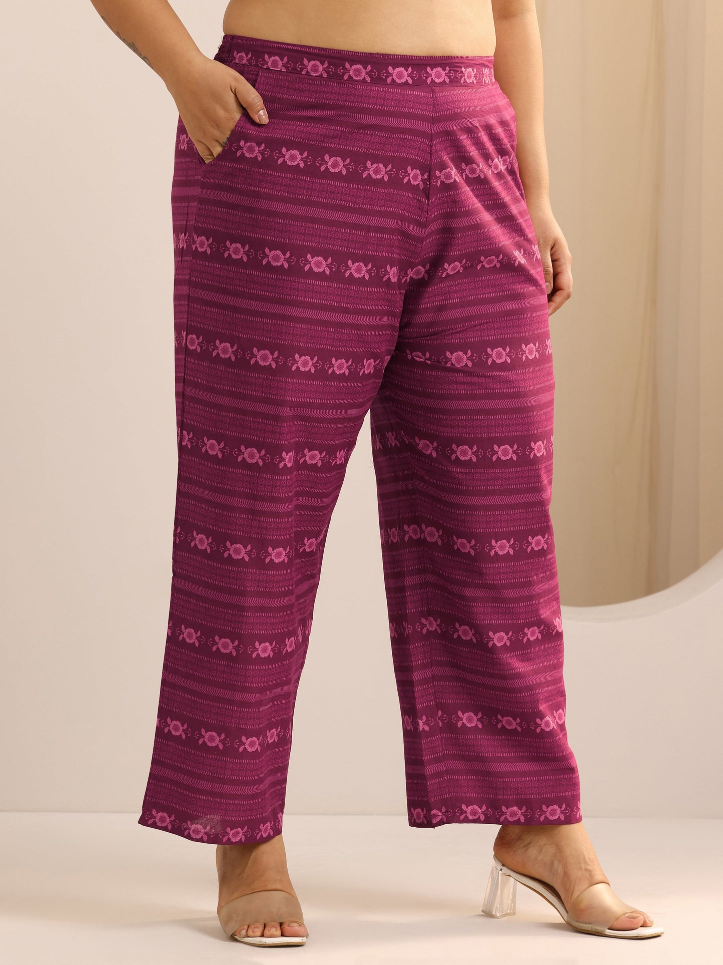 Plus Size Burgundy Printed Cotton Straight Kurta Set