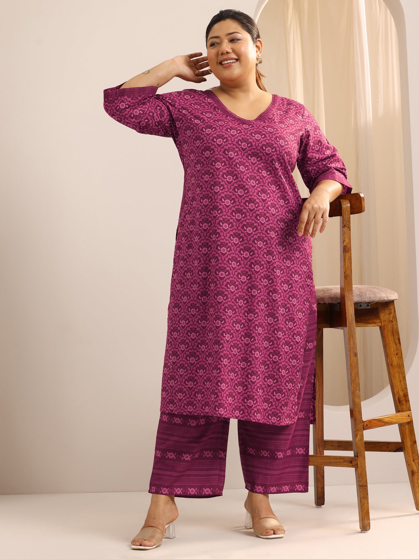 Plus Size Burgundy Printed Cotton Straight Kurta Set