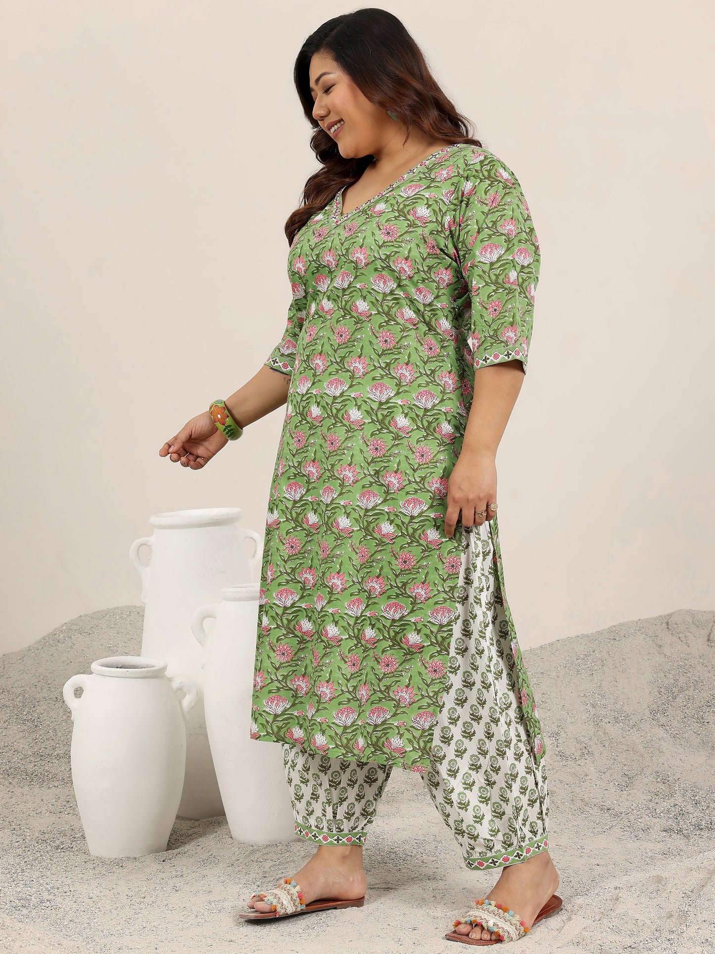 Plus Size Green Printed Cotton Straight Suit Set With Dupatta