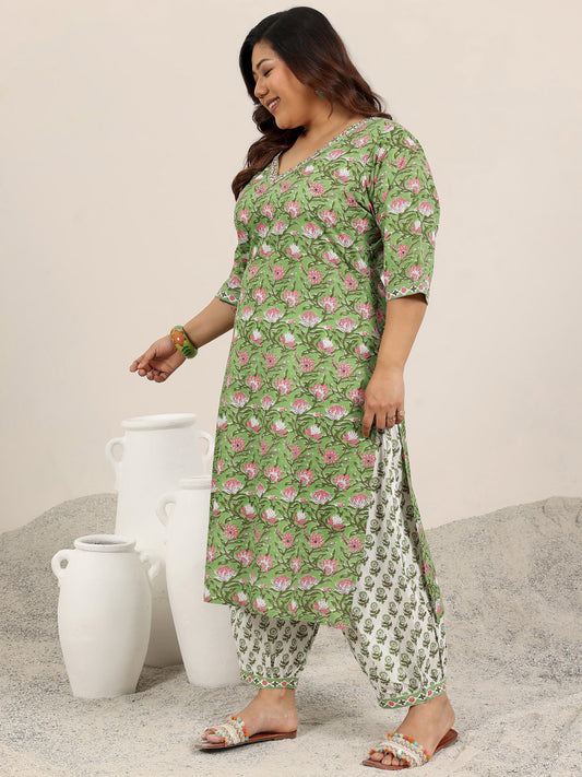 Plus Size Green Printed Cotton Straight Suit Set With Dupatta