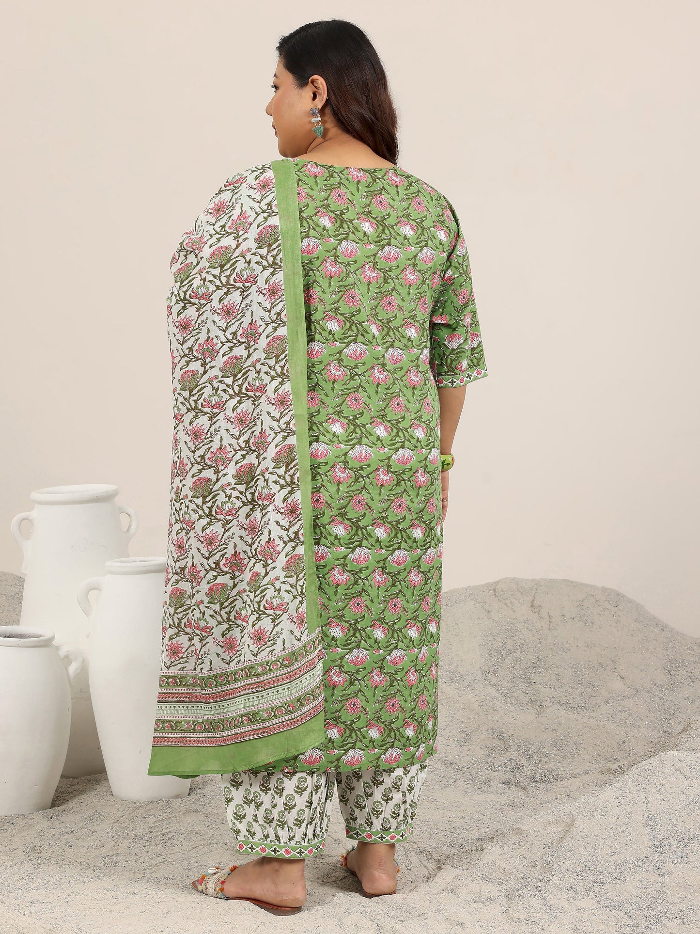 Plus Size Green Printed Cotton Straight Suit Set With Dupatta