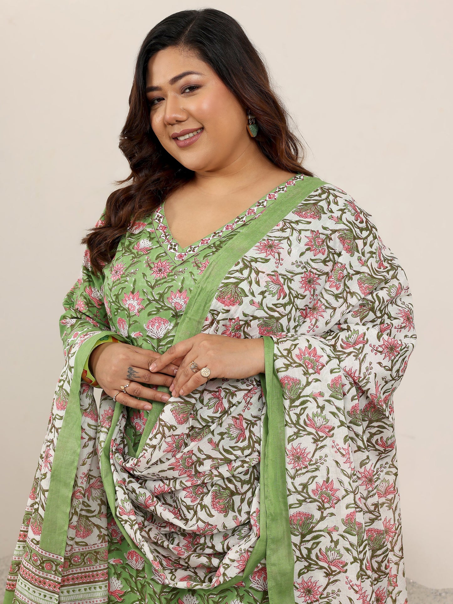 Plus Size Green Printed Cotton Straight Suit Set With Dupatta