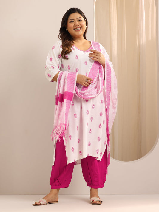 Plus Size Off White Self Design Cotton Blend Straight Suit Set With Dupatta