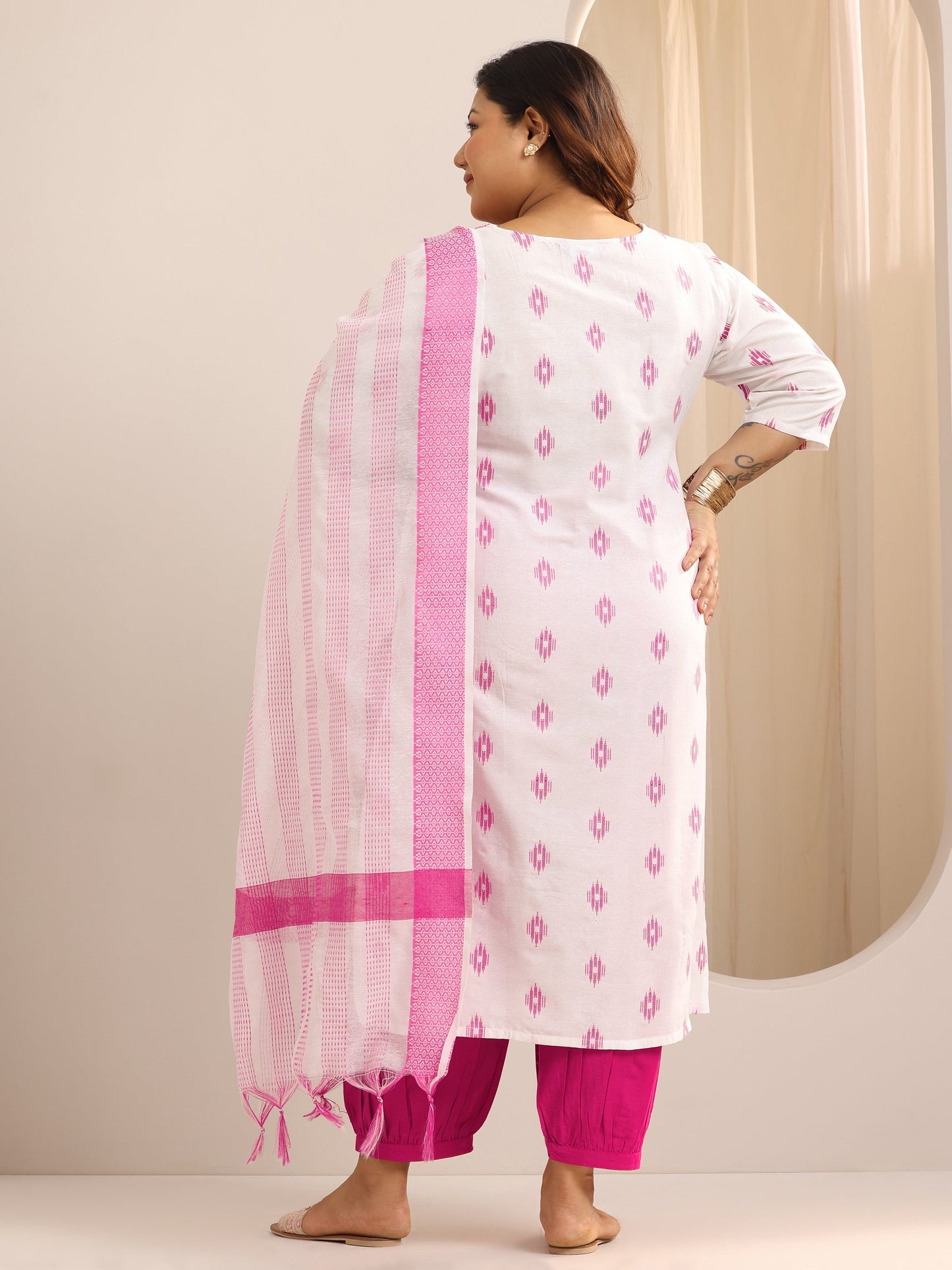 Plus Size Off White Self Design Cotton Blend Straight Suit Set With Dupatta
