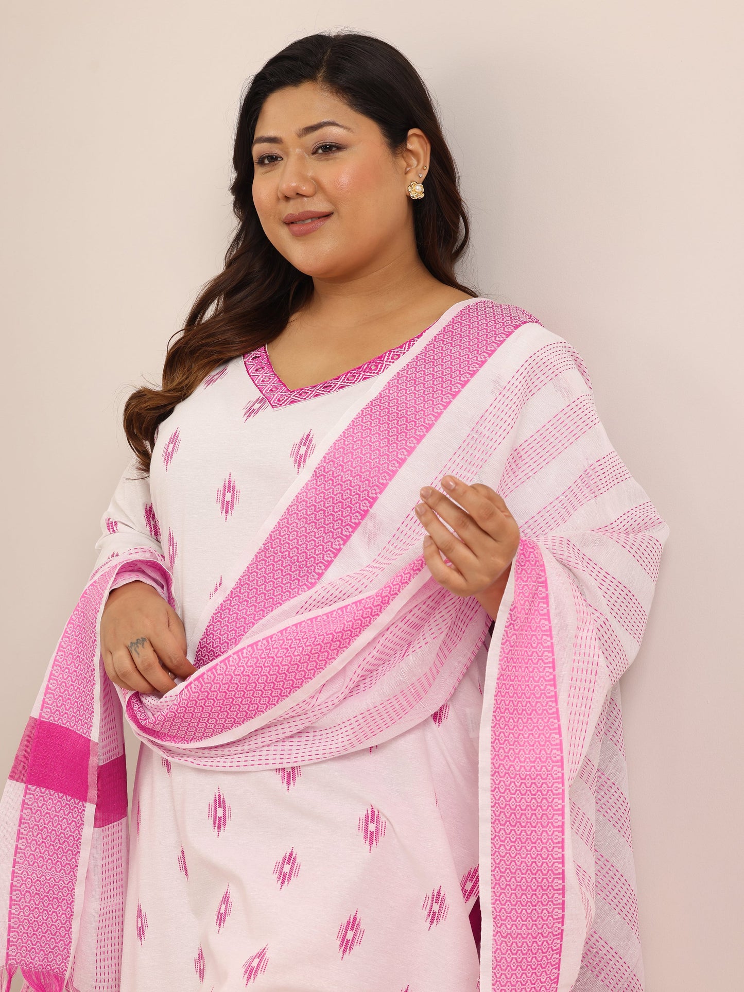 Plus Size Off White Self Design Cotton Blend Straight Suit Set With Dupatta