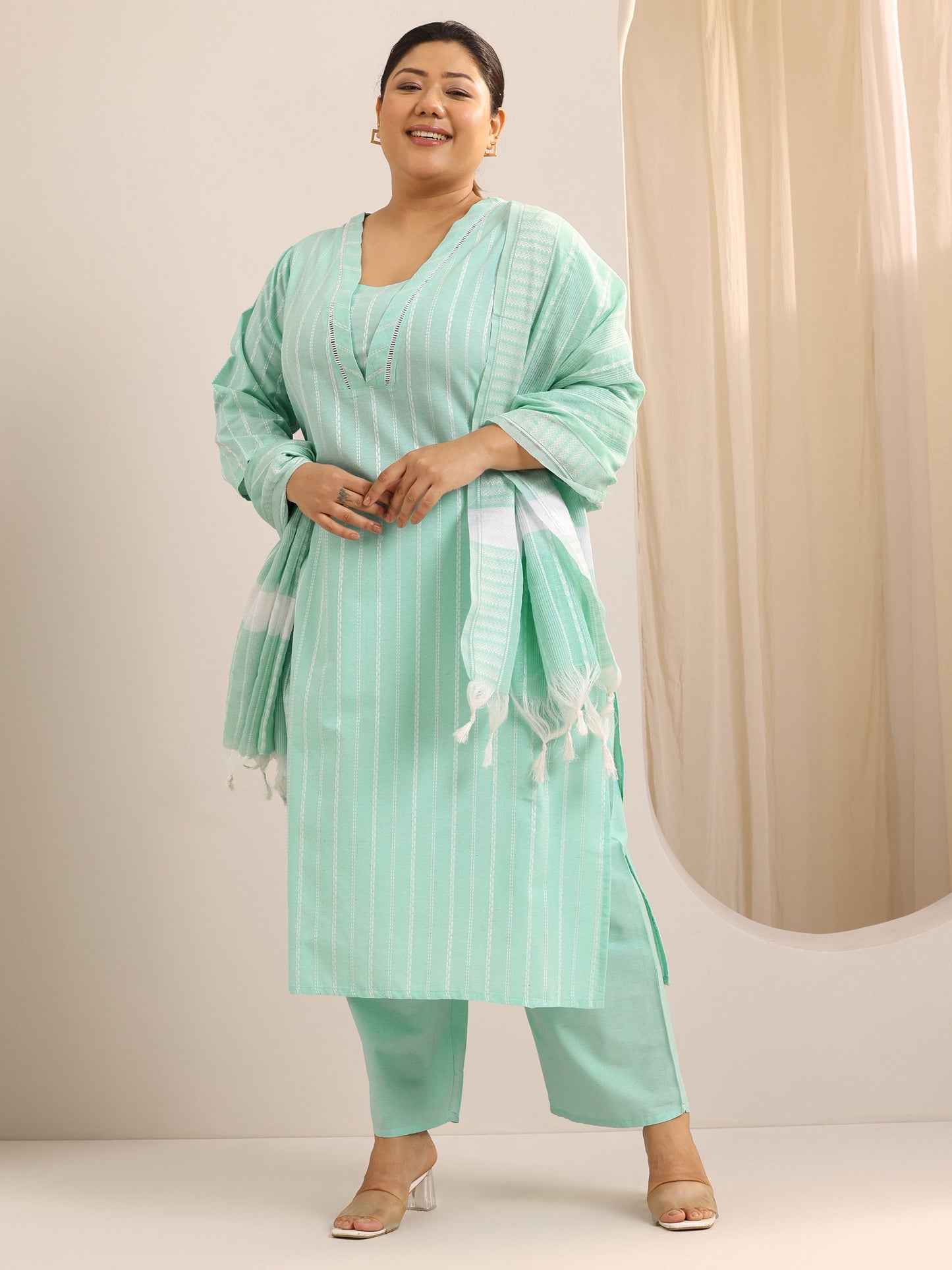 Plus Size Green Self Design Cotton Blend Straight Suit Set With Dupatta