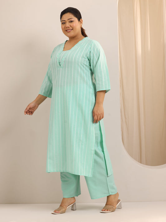 Plus Size Green Self Design Cotton Blend Straight Suit Set With Dupatta