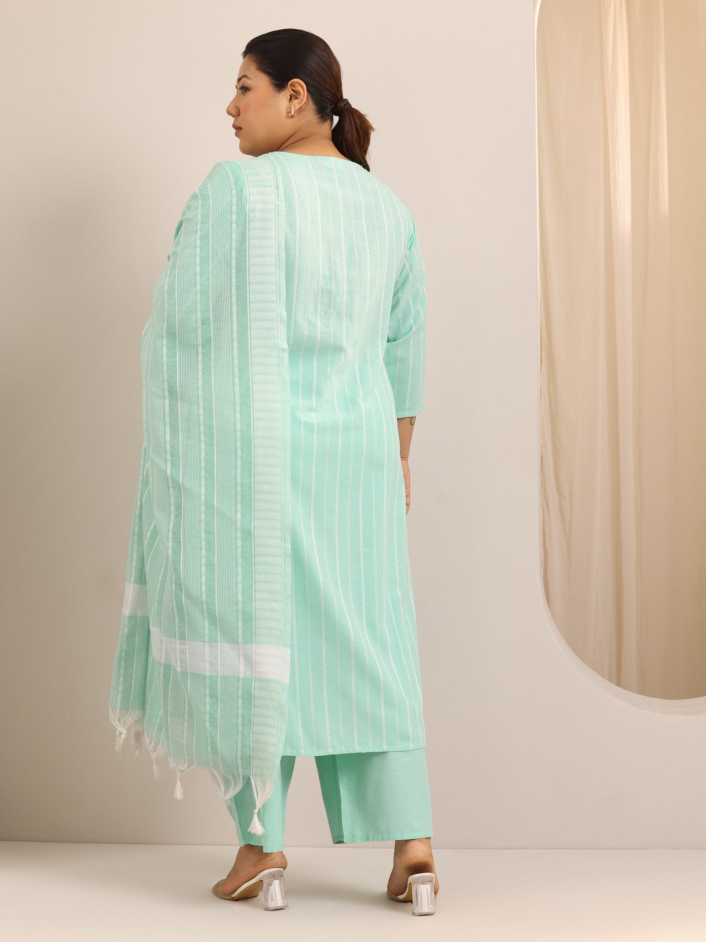 Plus Size Green Self Design Cotton Blend Straight Suit Set With Dupatta