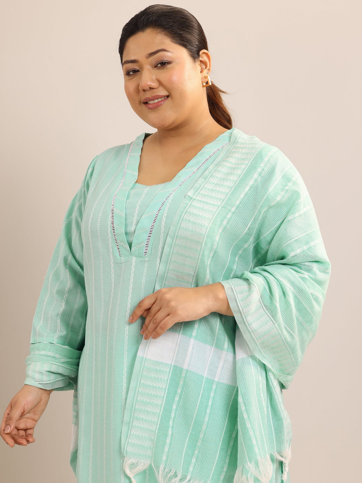 Plus Size Green Self Design Cotton Blend Straight Suit Set With Dupatta