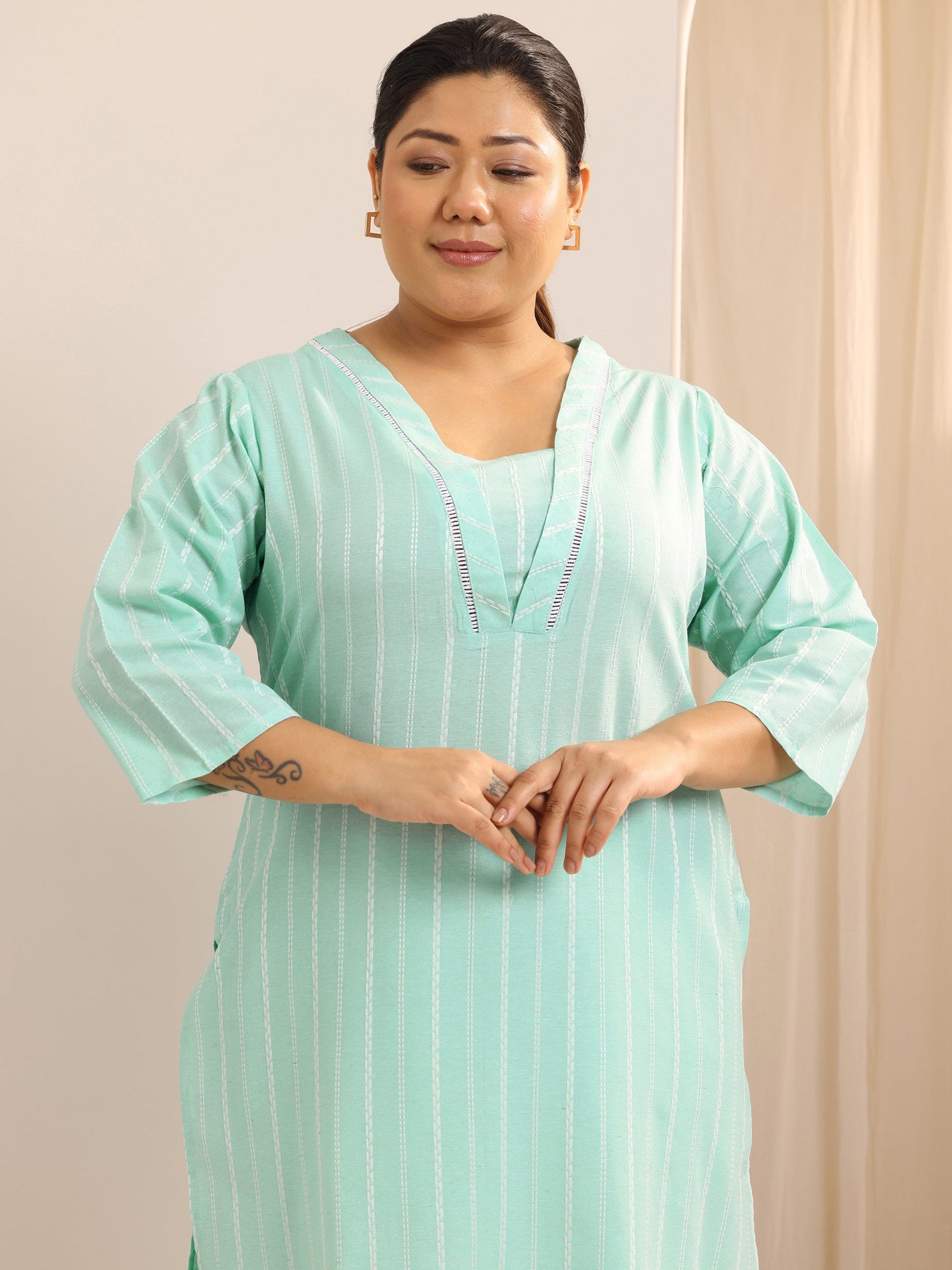 Plus Size Green Self Design Cotton Blend Straight Suit Set With Dupatta