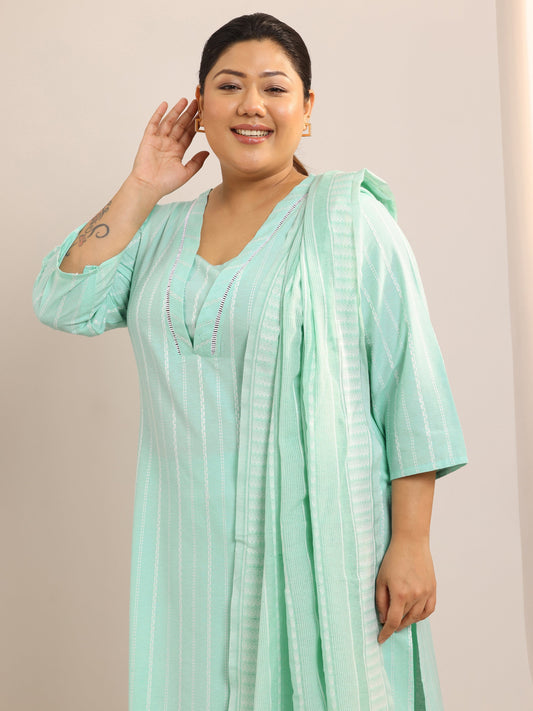 Plus Size Green Self Design Cotton Blend Straight Suit Set With Dupatta