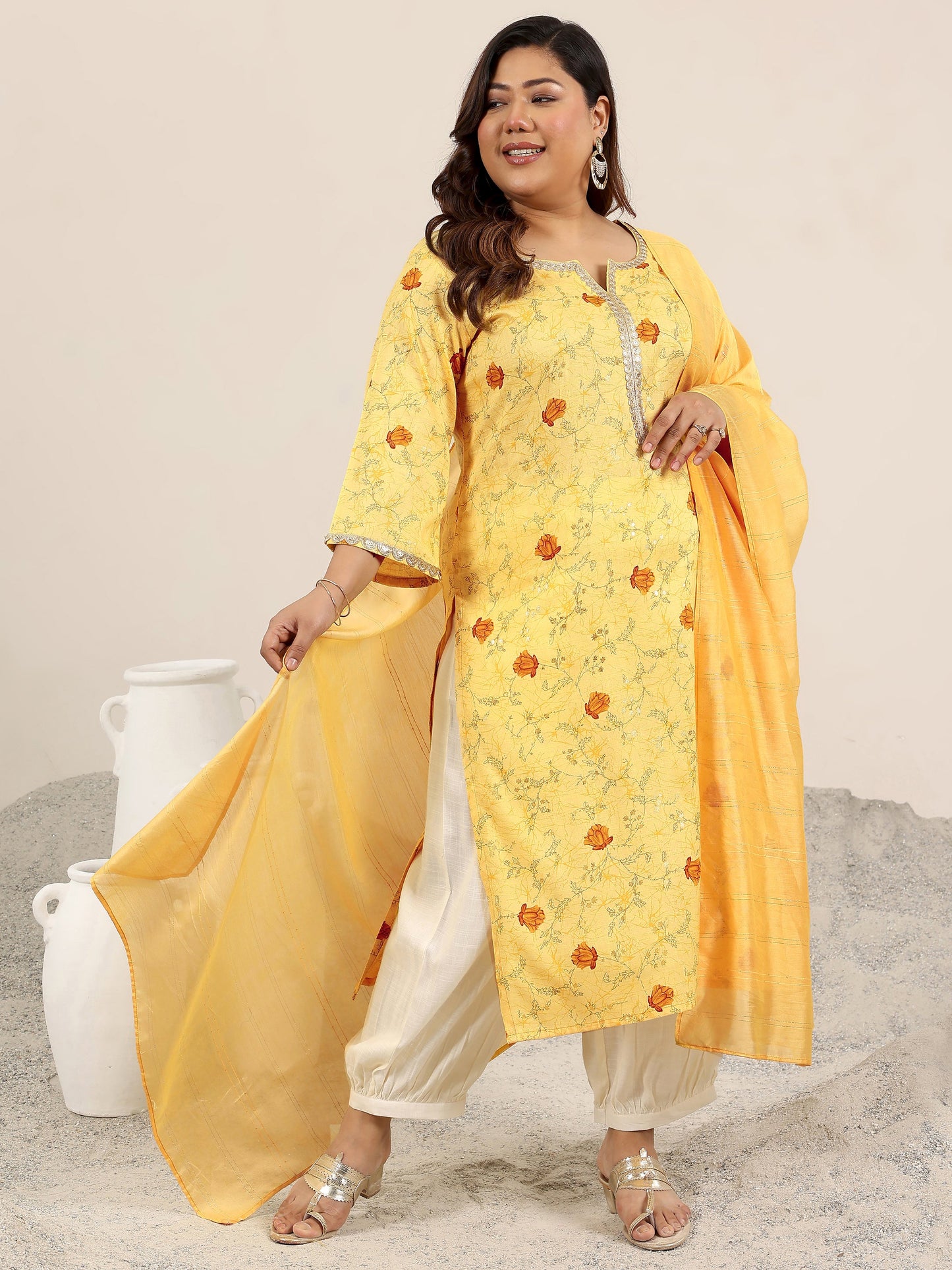 Plus Size Yellow Printed Cotton Blend Straight Suit Set With Dupatta