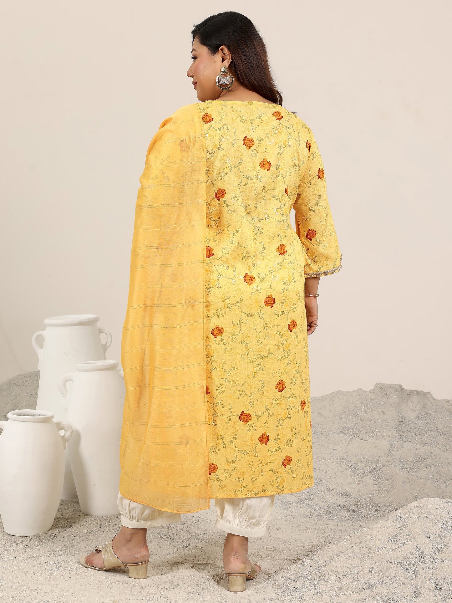 Plus Size Yellow Printed Cotton Blend Straight Suit Set With Dupatta