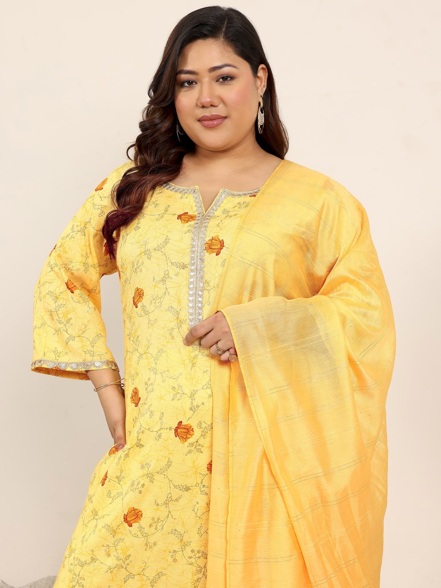 Plus Size Yellow Printed Cotton Blend Straight Suit Set With Dupatta