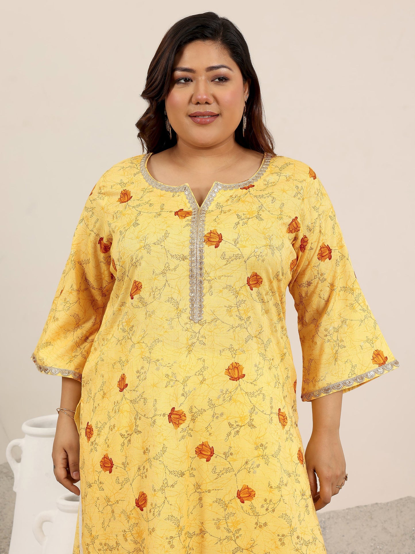 Plus Size Yellow Printed Cotton Blend Straight Suit Set With Dupatta