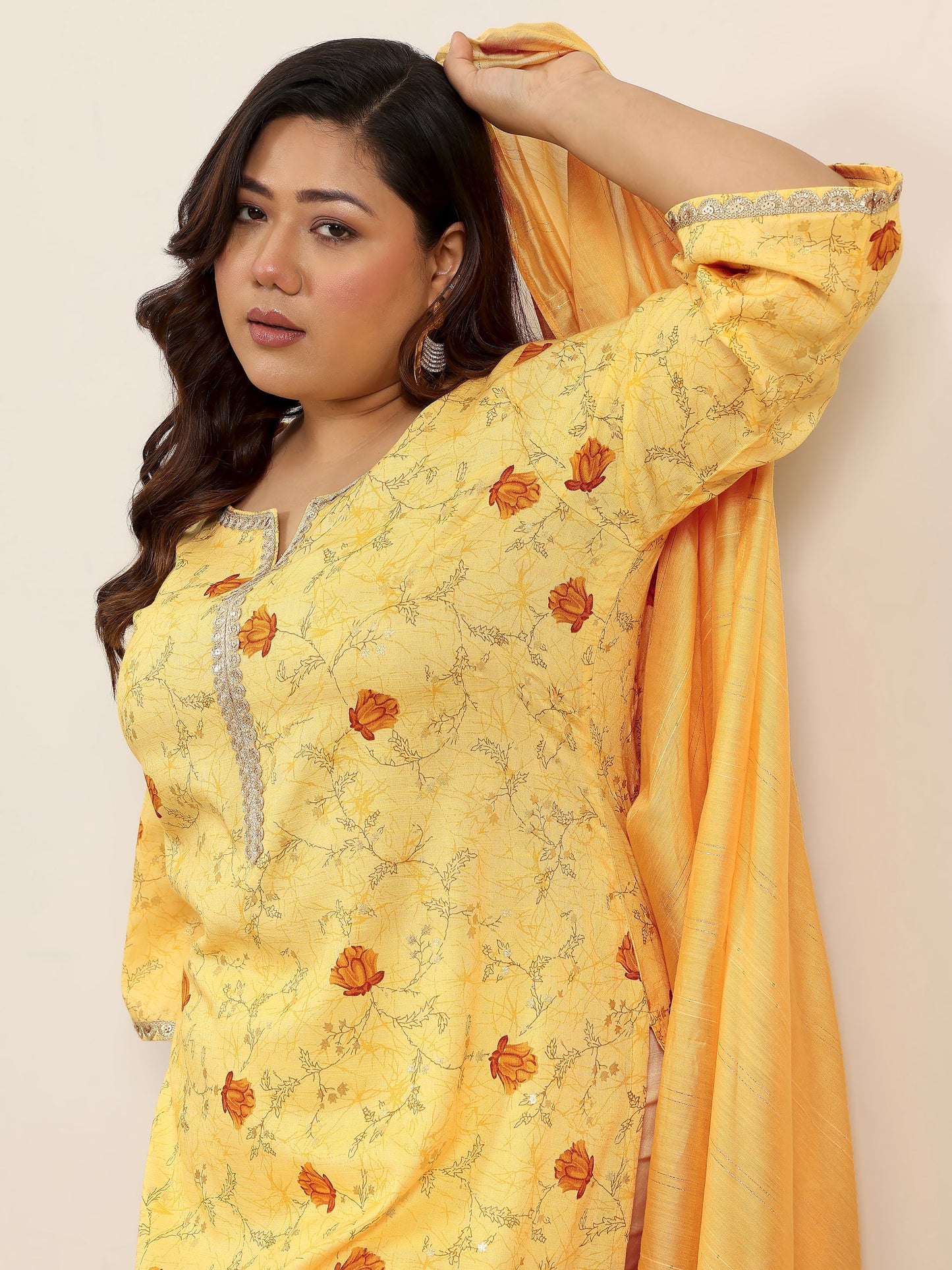 Plus Size Yellow Printed Cotton Blend Straight Suit Set With Dupatta