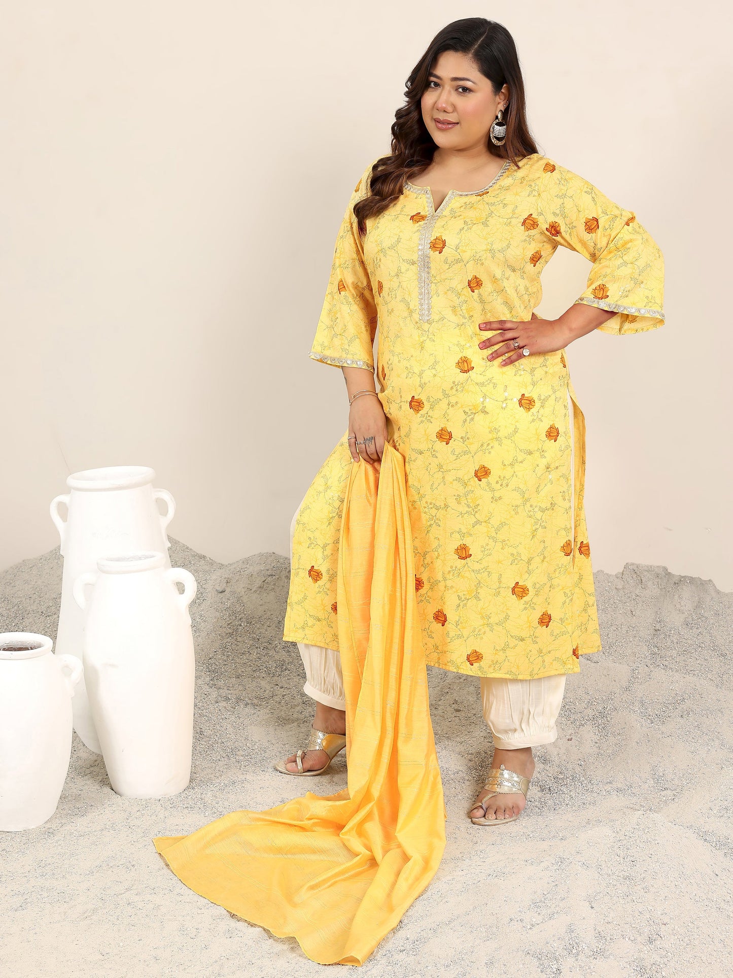 Plus Size Yellow Printed Cotton Blend Straight Suit Set With Dupatta