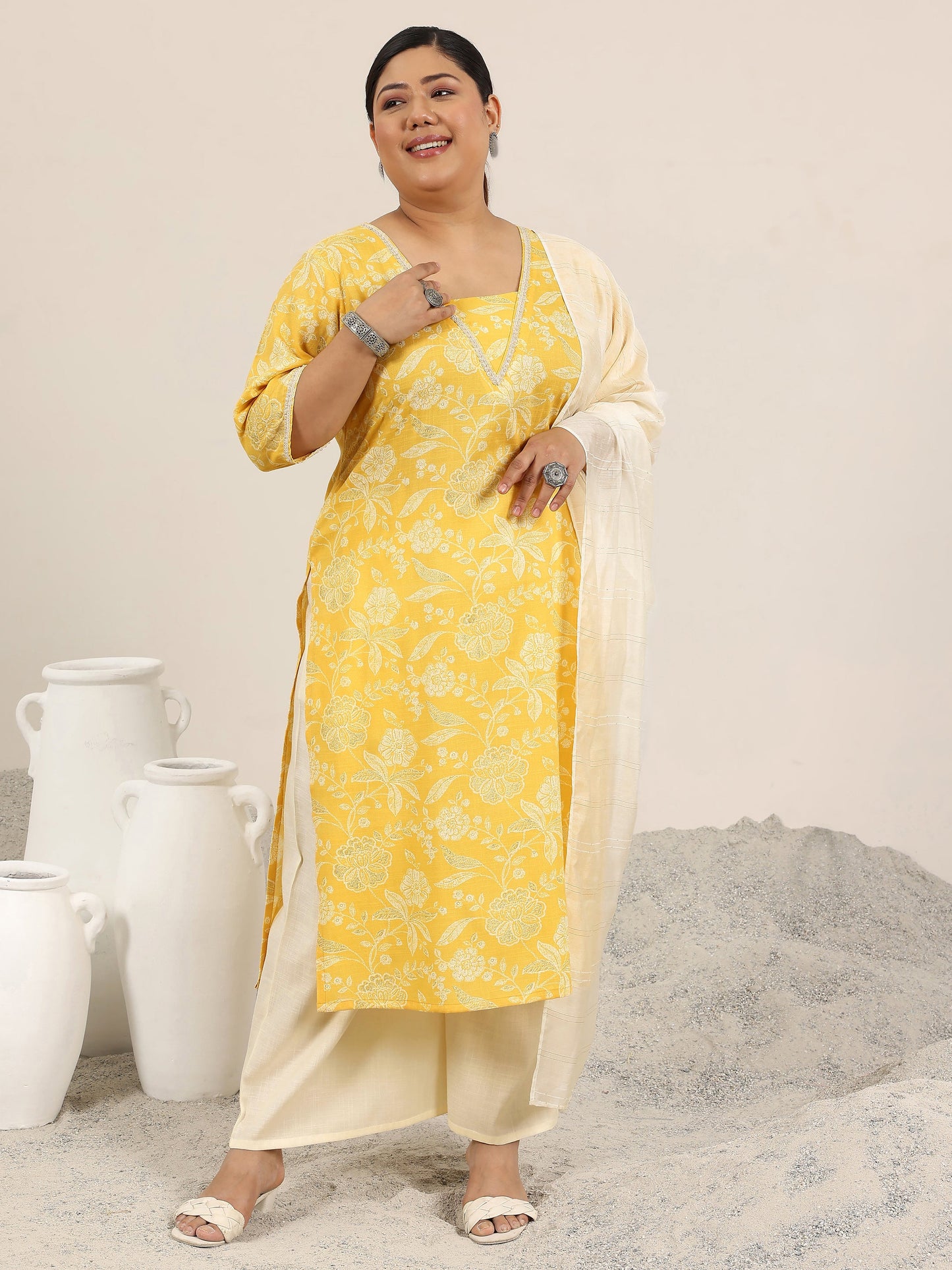 Plus Size Yellow Printed Cotton Blend Straight Suit Set With Dupatta