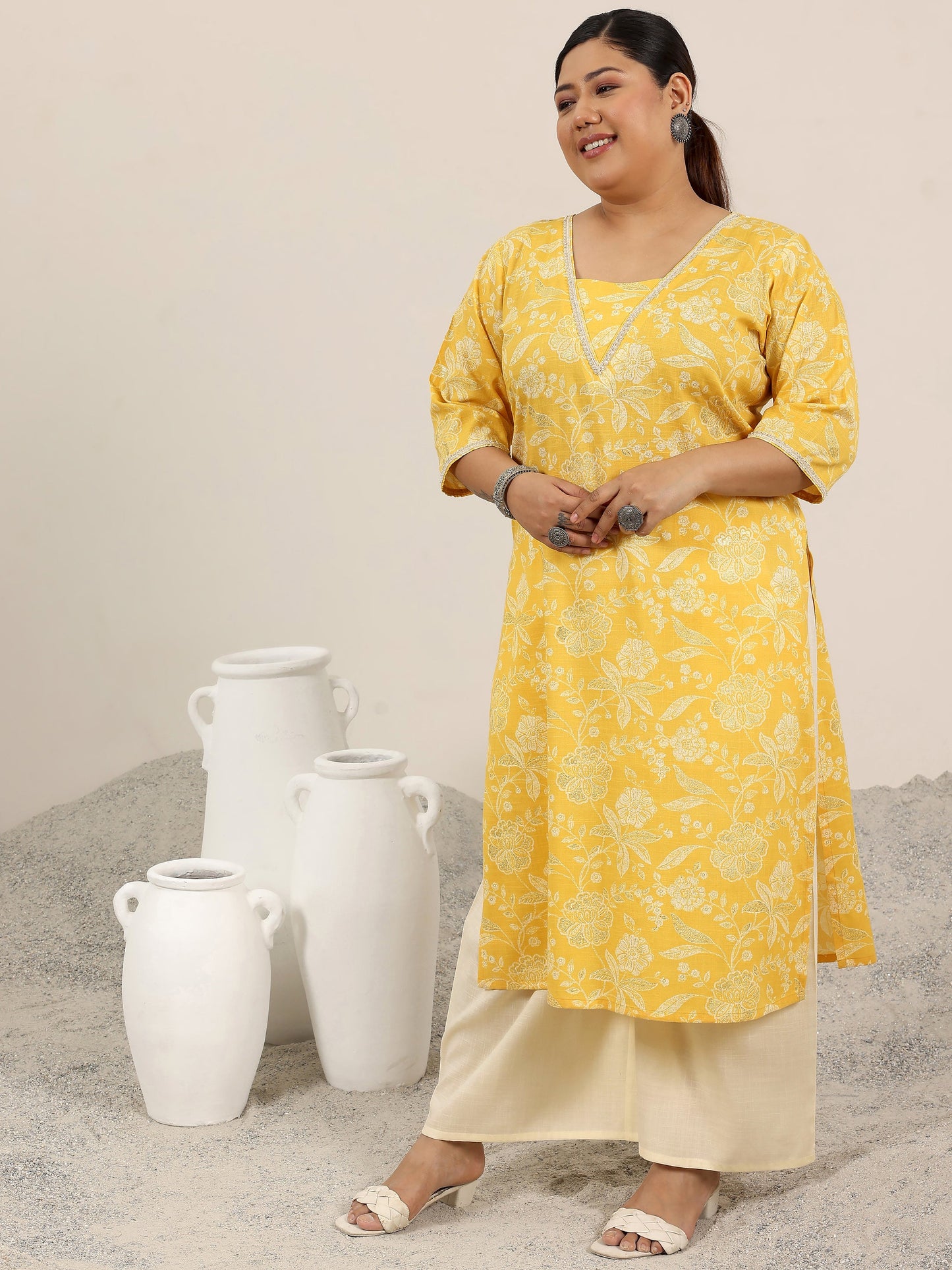 Plus Size Yellow Printed Cotton Blend Straight Suit Set With Dupatta