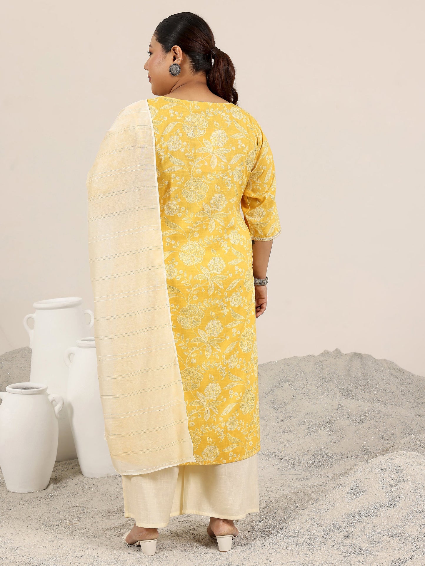 Plus Size Yellow Printed Cotton Blend Straight Suit Set With Dupatta