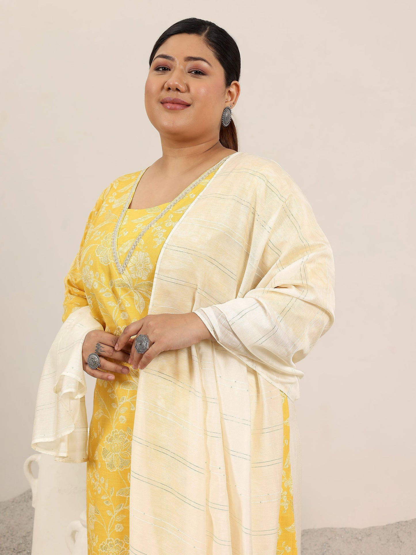 Plus Size Yellow Printed Cotton Blend Straight Suit Set With Dupatta