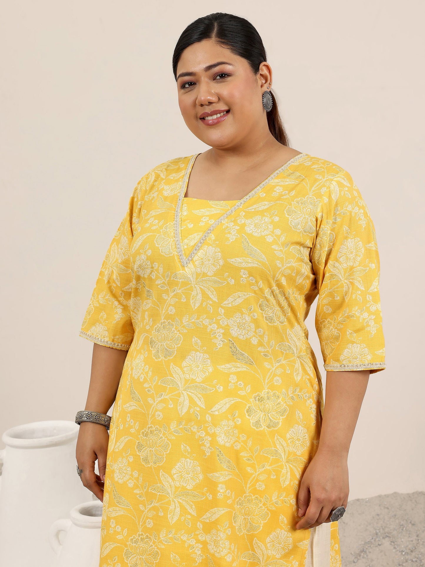Plus Size Yellow Printed Cotton Blend Straight Suit Set With Dupatta