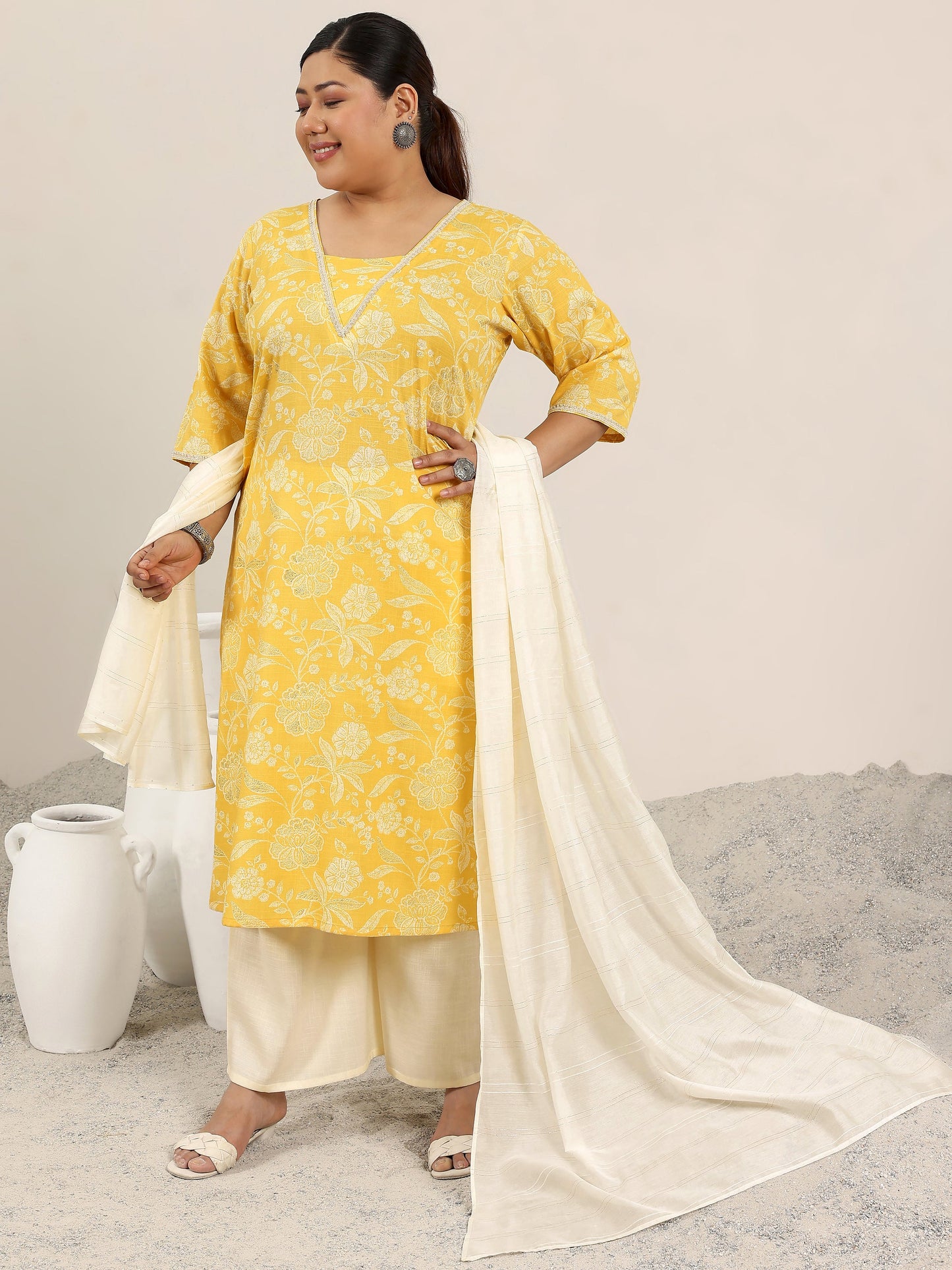 Plus Size Yellow Printed Cotton Blend Straight Suit Set With Dupatta