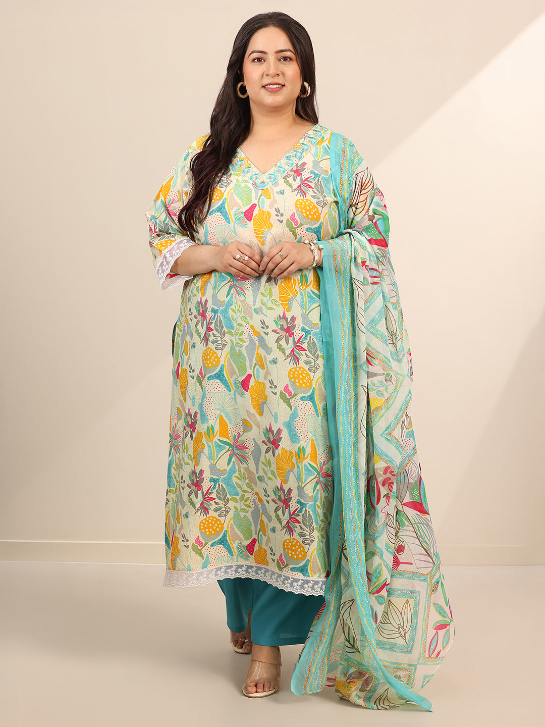 Plus Size Multi Printed Silk Blend Straight Suit Set With Dupatta