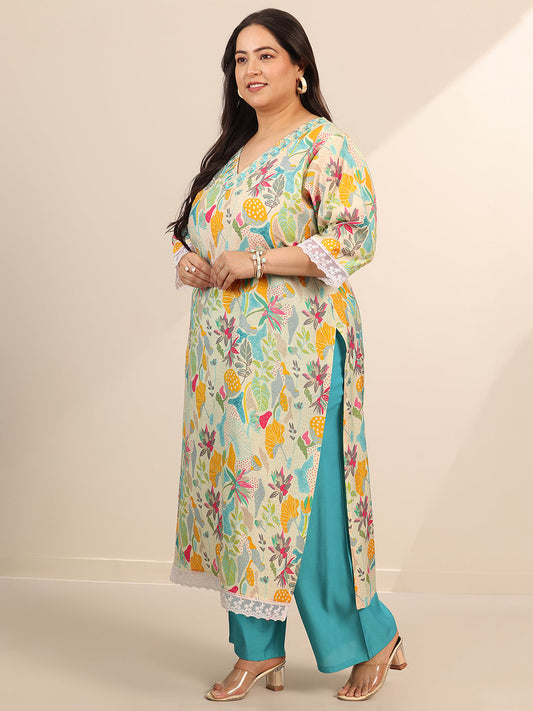 Plus Size Multi Printed Silk Blend Straight Suit Set With Dupatta