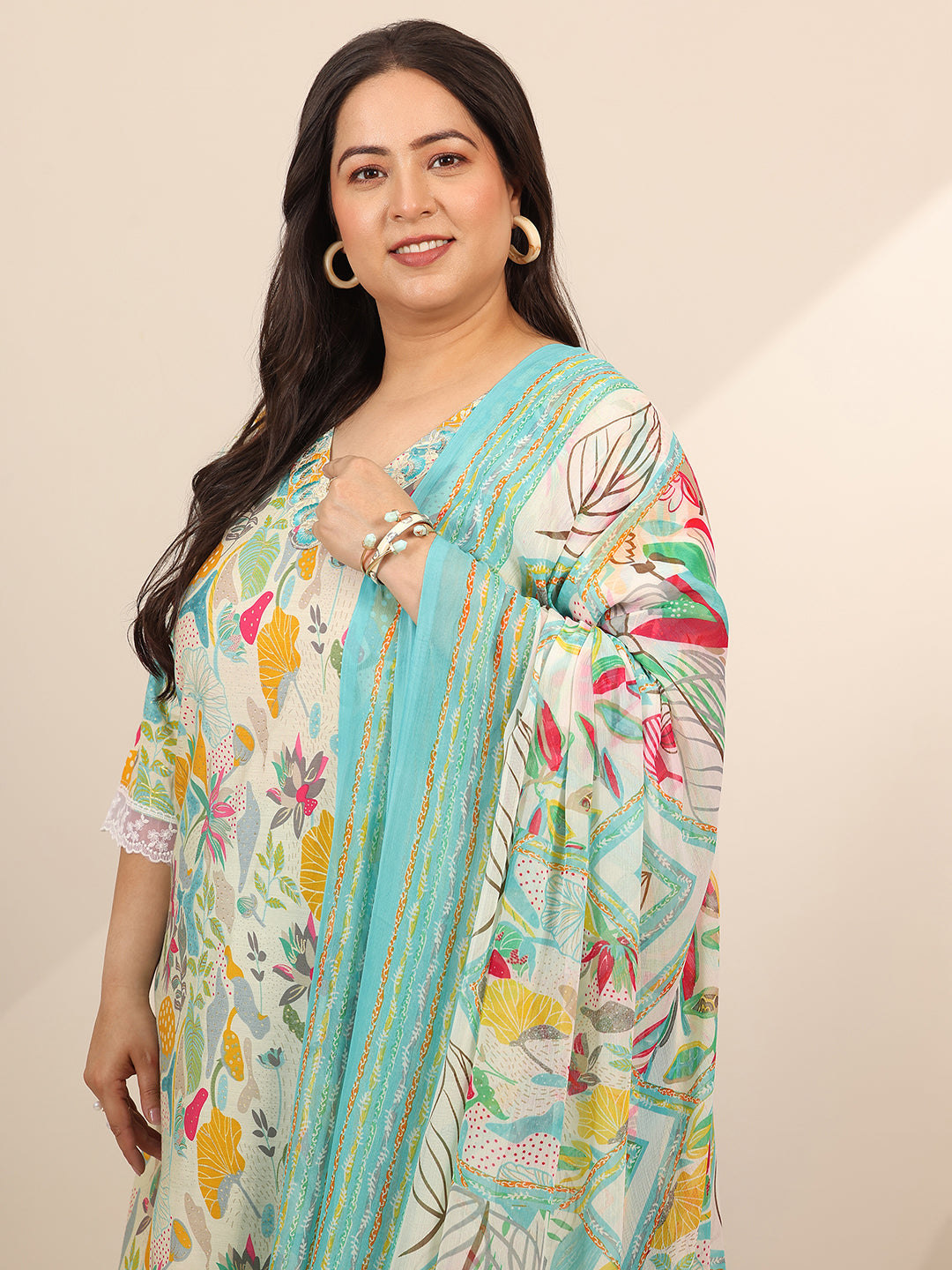 Plus Size Multi Printed Silk Blend Straight Suit Set With Dupatta