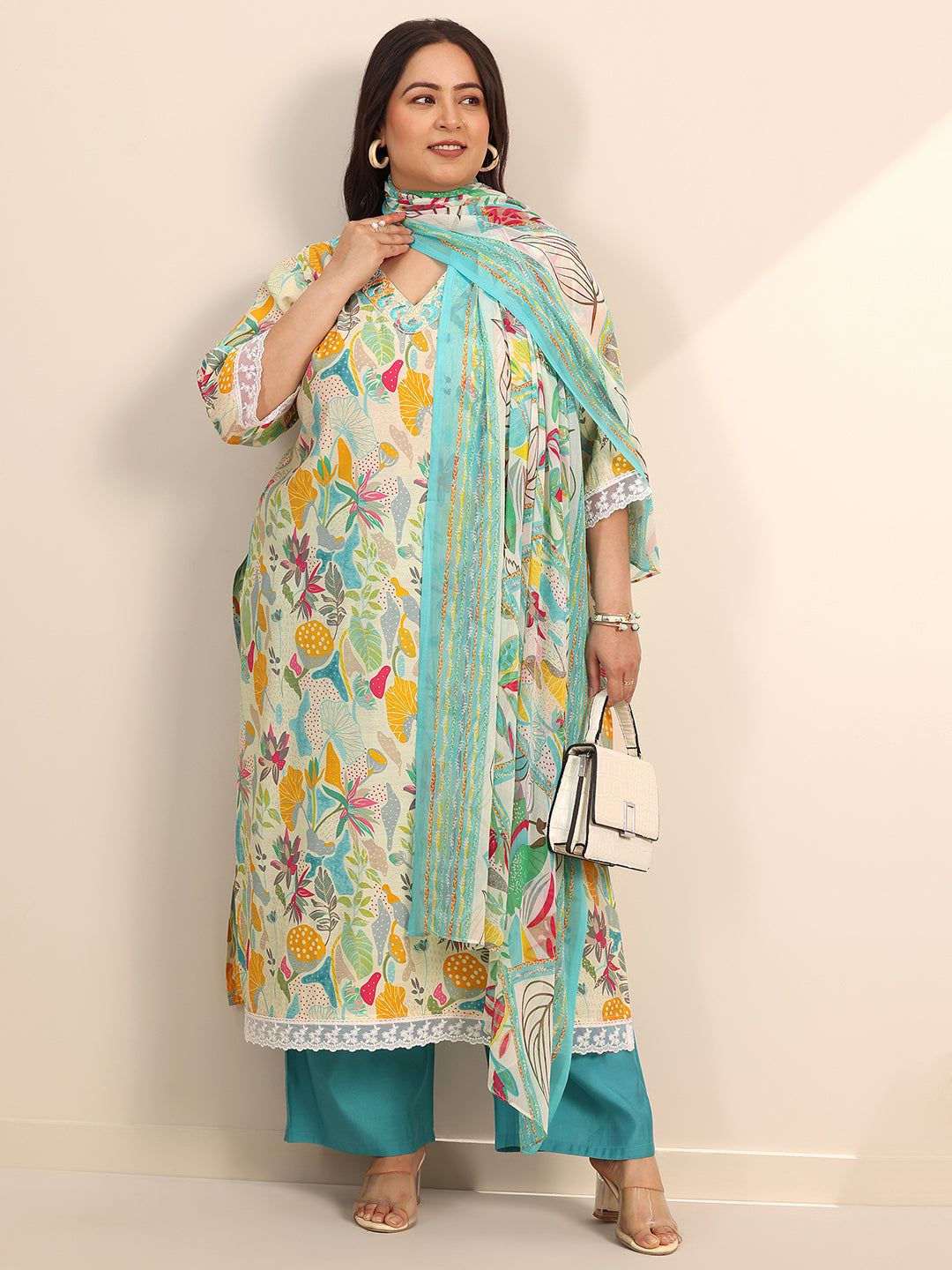 Plus Size Multi Printed Silk Blend Straight Suit Set With Dupatta