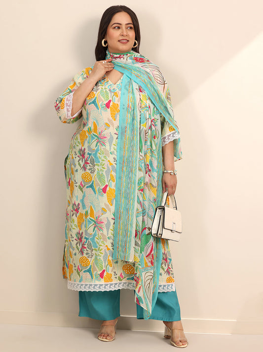 Plus Size Multi Printed Silk Blend Straight Suit Set With Dupatta