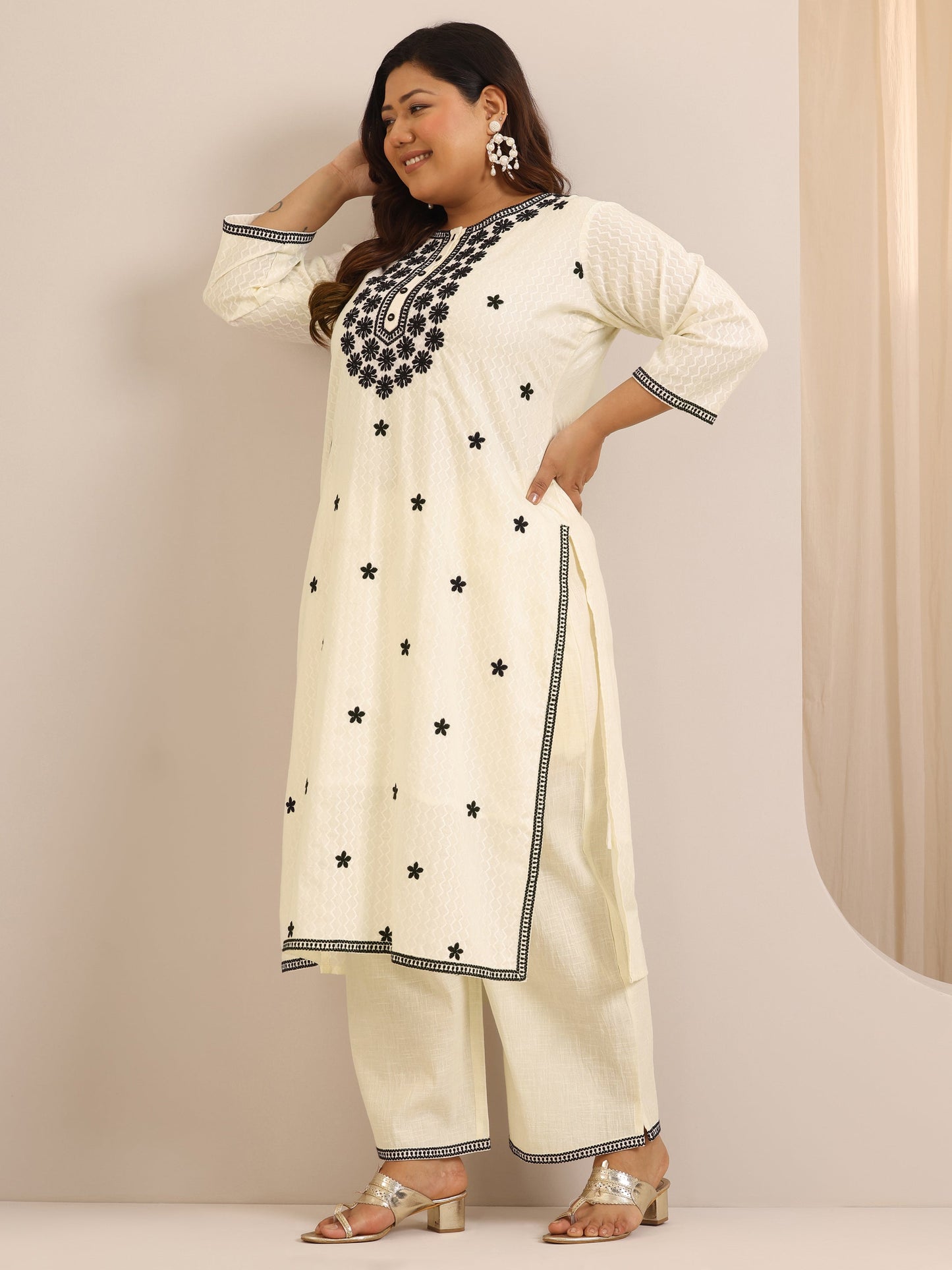 Plus Size Off White Embroidered Cotton Straight Suit Set With Dupatta