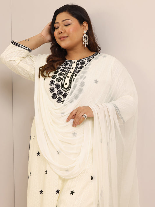 Plus Size Off White Embroidered Cotton Straight Suit Set With Dupatta