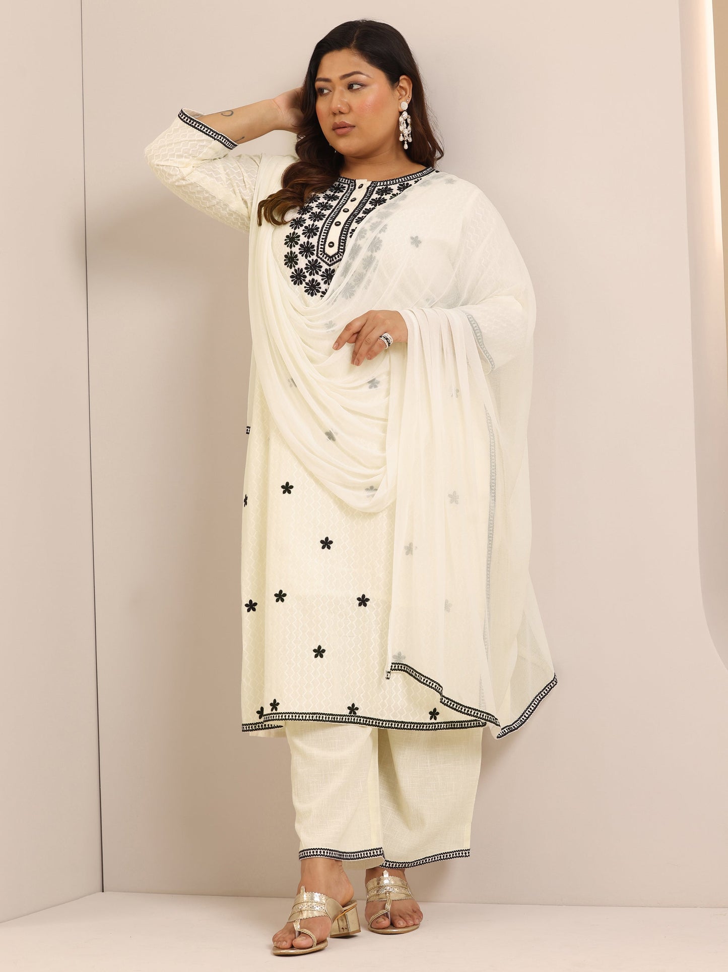 Plus Size Off White Embroidered Cotton Straight Suit Set With Dupatta