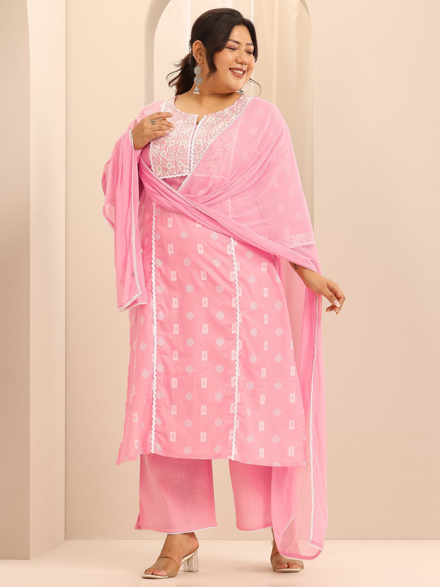 Plus Size Pink Embroidered Cotton Straight Suit Set With Dupatta
