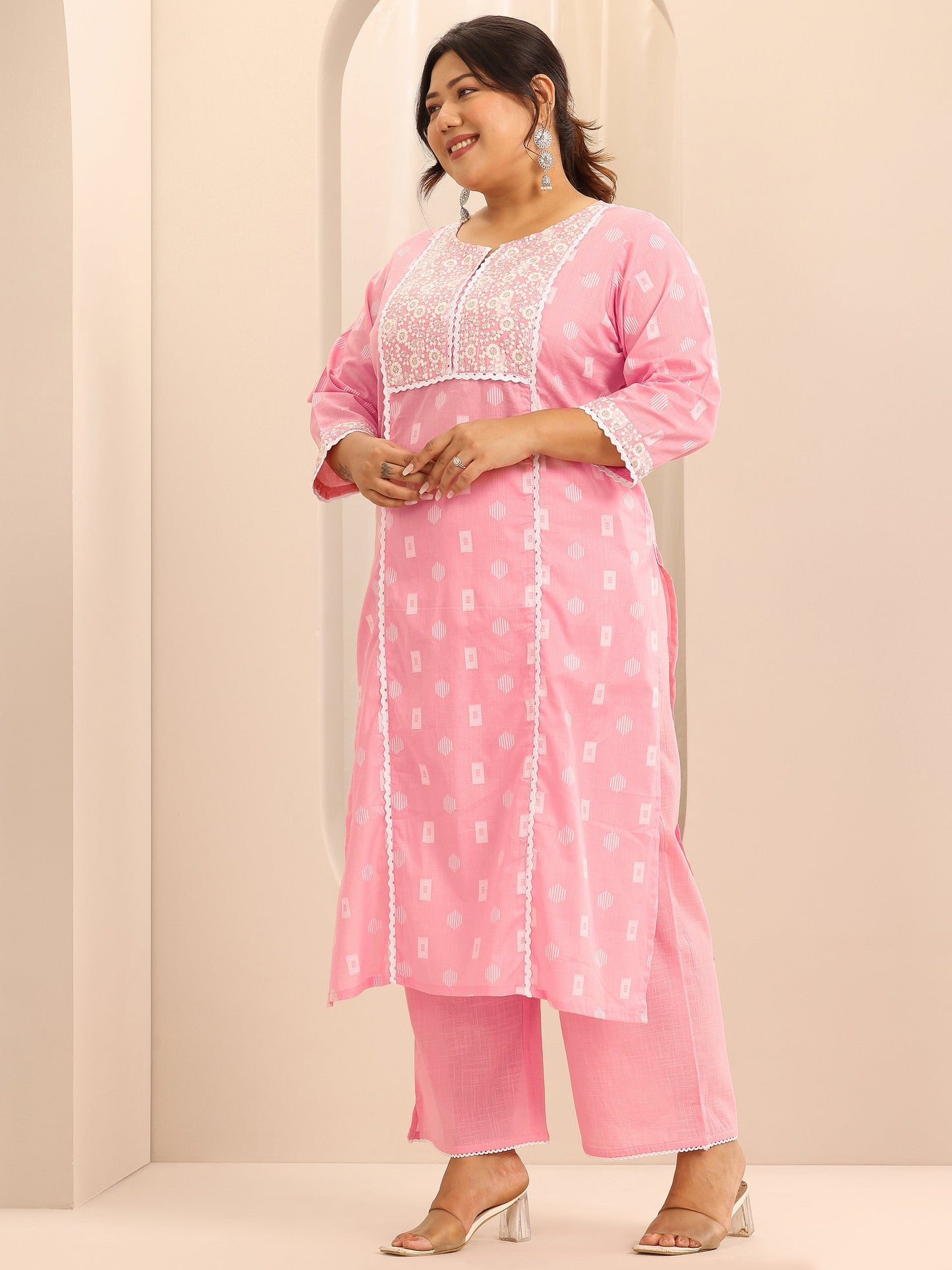 Plus Size Pink Embroidered Cotton Straight Suit Set With Dupatta