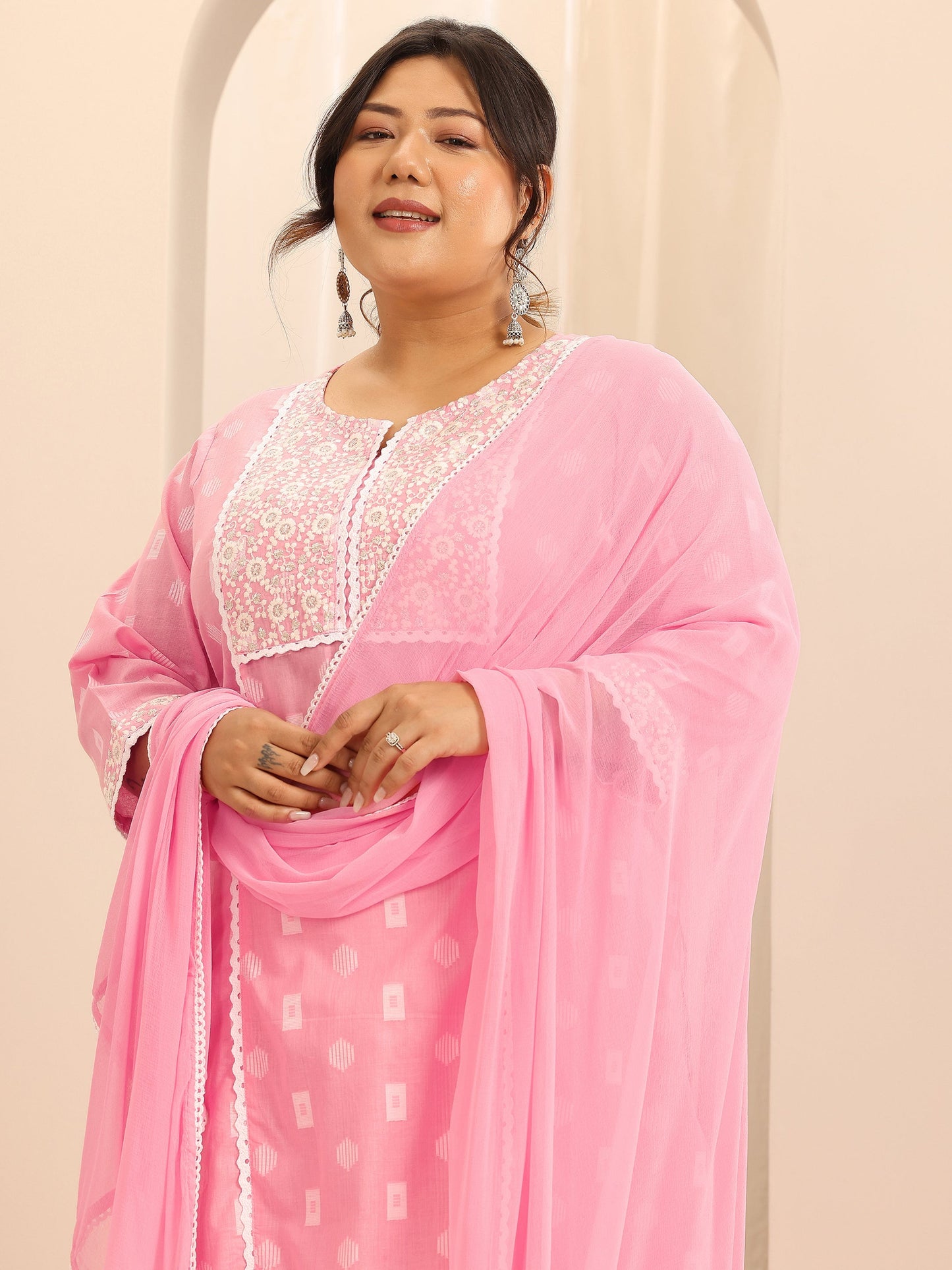 Plus Size Pink Embroidered Cotton Straight Suit Set With Dupatta