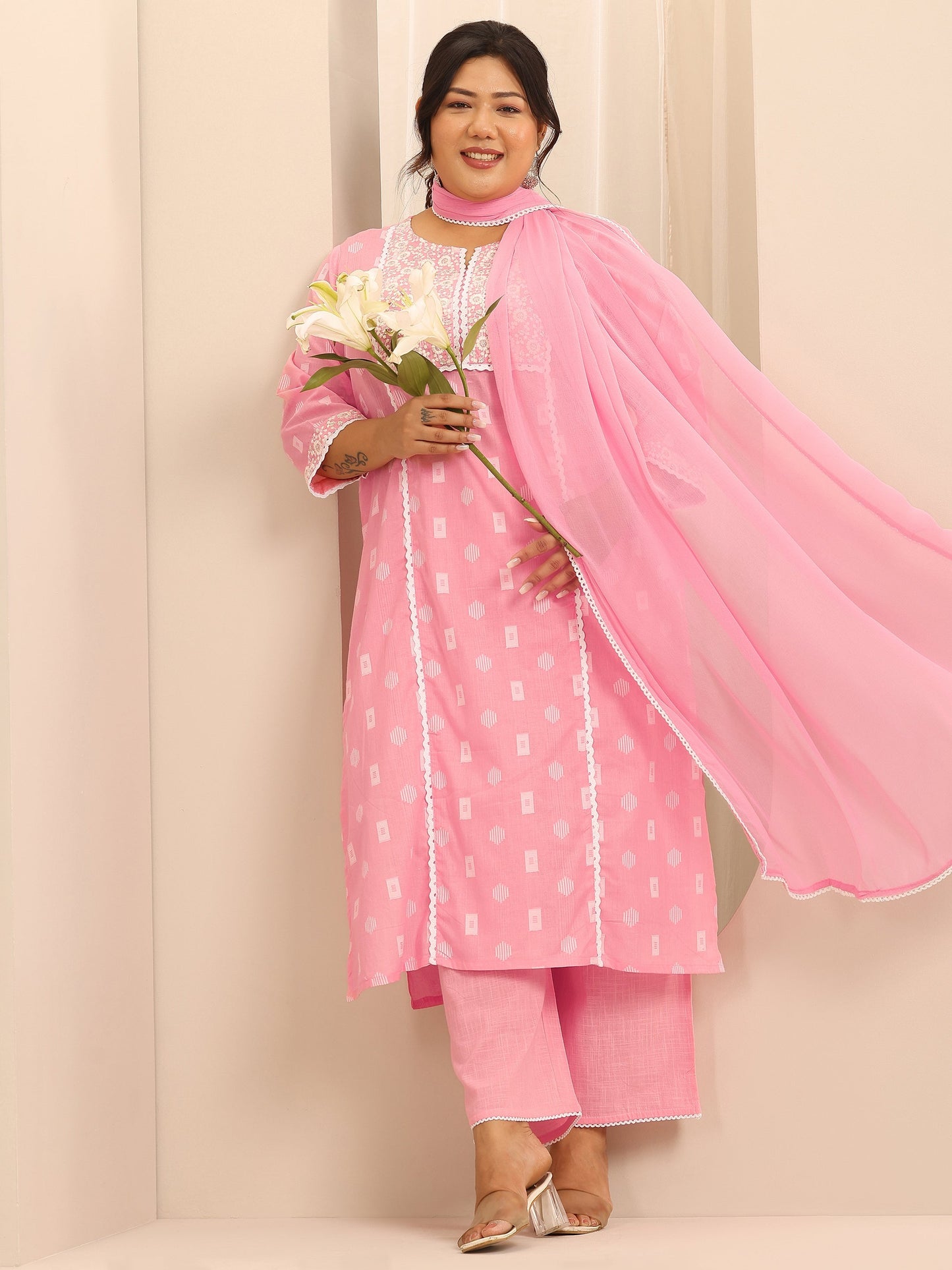 Plus Size Pink Embroidered Cotton Straight Suit Set With Dupatta