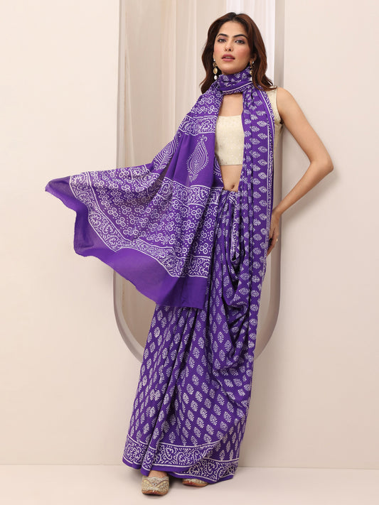 Purple Printed Cotton Saree With Unstitched Blouse