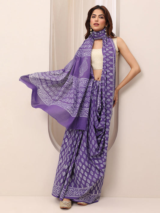 Purple Printed Cotton Saree With Unstitched Blouse