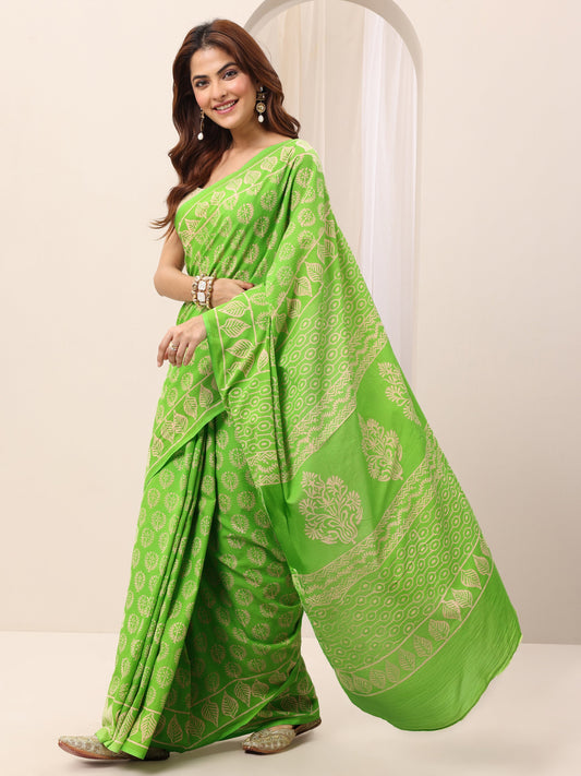 Light Green Printed Cotton Saree With Unstitched Blouse